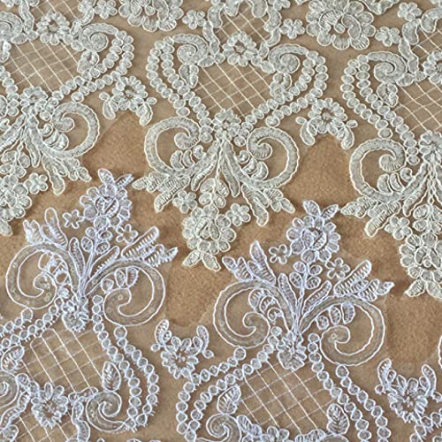 1Yard 24Cm White Lace Fabric Wedding Dec. Ivory Lace Trim Cording Fabric Sequins Flower Mesh Lace Applique Sewing Craft #TOP3