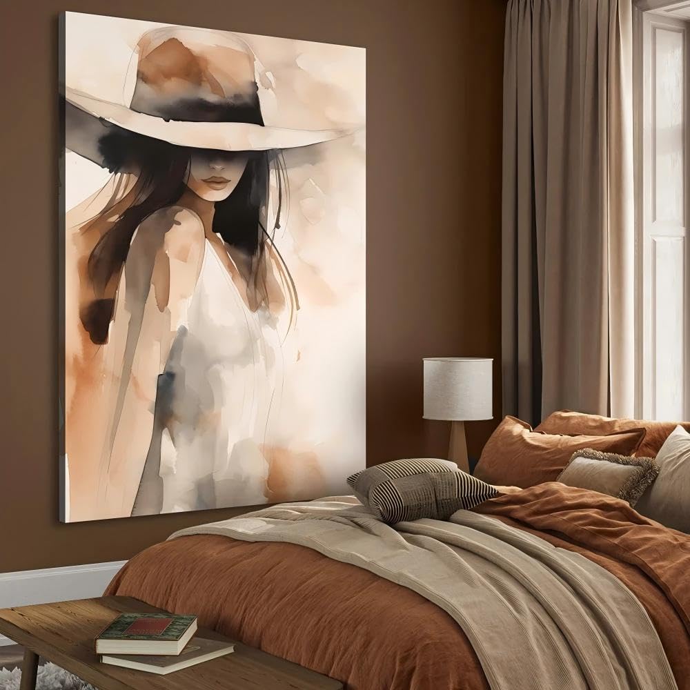 DHFGHFJ Póster en lienzo con retrato abstracto de mujer con sombrero y café negro de estilo nórdico(60x90cmX3/Con Bastidor)