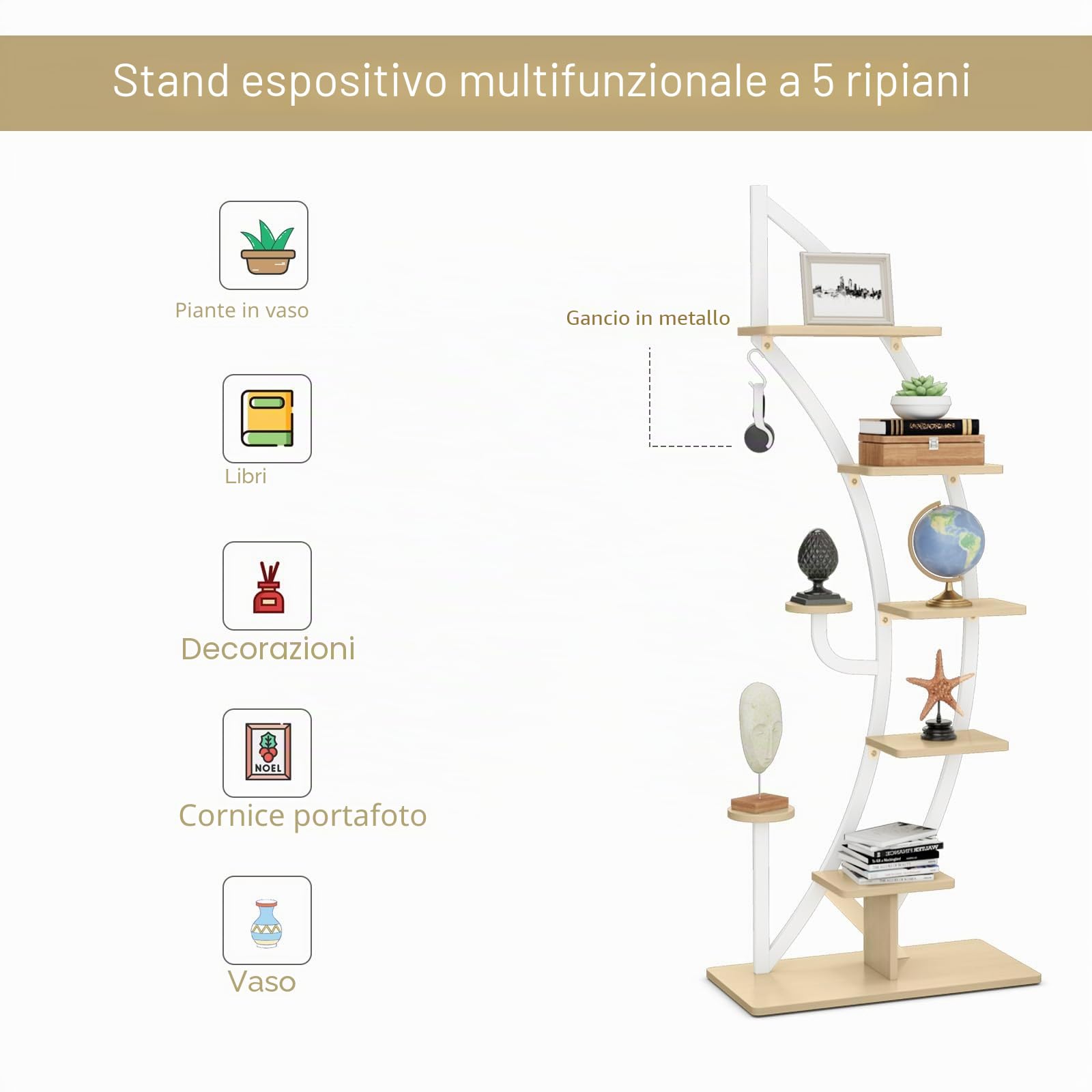 KOMFOTTEU Supporto per piante a 7 livelli, scaffale per fiori in metallo con dispositivo antiribaltamento, supporto per vaso di fiori di mezza luna, interno ed esterno, 60 x 30 x 155 cm (confezione da