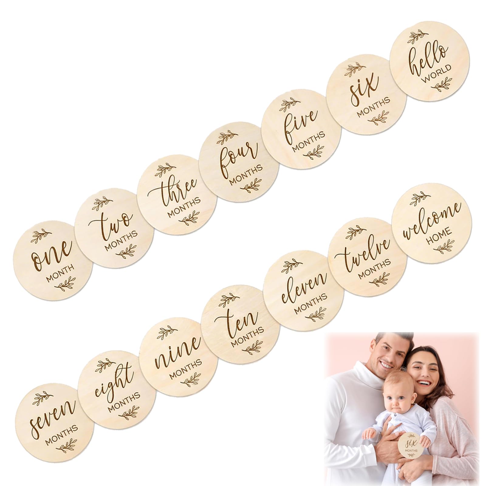 7 PCS Wooden Baby Milestone Cards, Double Sided Milestone Baby Cards, Baby Monthly Milestone Cards, for New Parents Gift Set Newborn Infants 0-12 Months Growth Recording(10cm)
