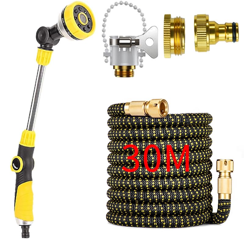 Mangueira de Jardim 30 Metros Alta Pressão Autoexpandível com 8 Modos Bico Multifuncional Regulável Interruptor Rotativo Adequado Para Limpeza de Veículos de Irrigação de Jardins (Amarelo, NO.2)