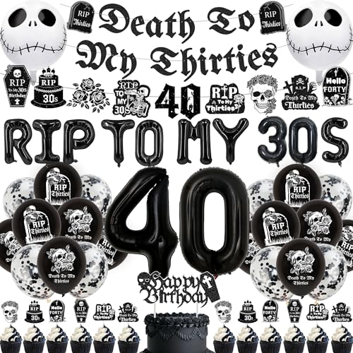 40th Birthday Decorations Men Women - 49 Pcs Black Gothic Death To My 30s Banner Number 40 Confetti Balloons Cupcake Cake Toppers For Rip To My 30s Party Supplies
