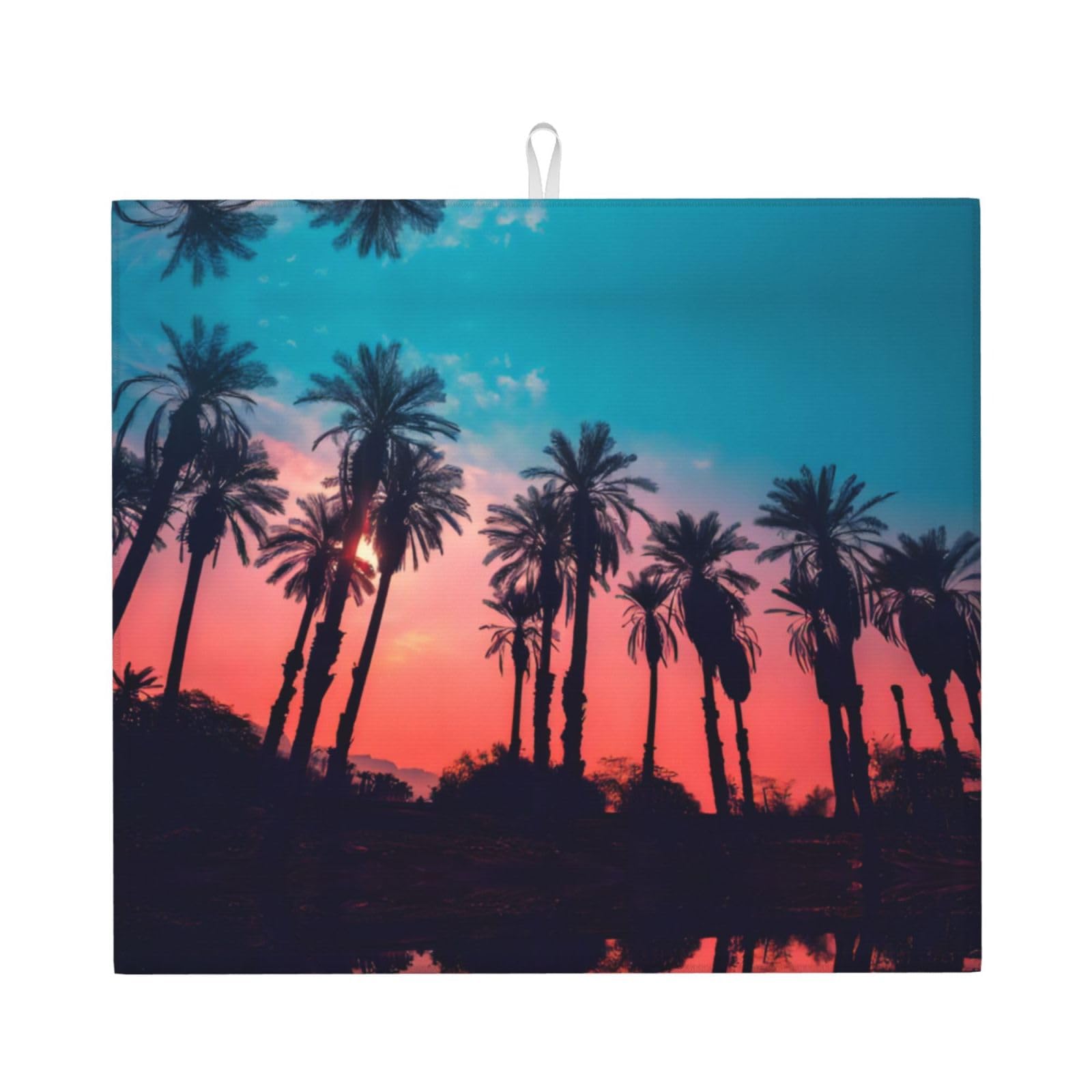 Yyhwhjde Black Palm Tree Sunset Prints Kitchen Drying Mat – Absorbent Dish Throw For Countertop, Non-Slip Layer With Vibrant Prints, Ideal For Housewarming