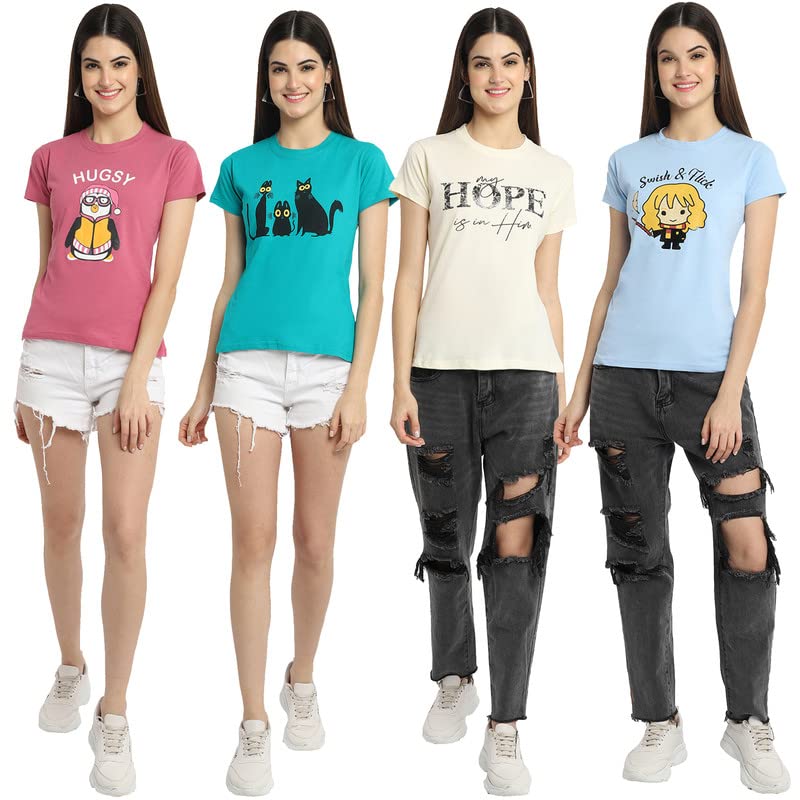 Image of Preneum Women's Cotton Regular Fit Graphic Stylish Printed Short Sleeves Casual T-Shirt |Trend & Styles