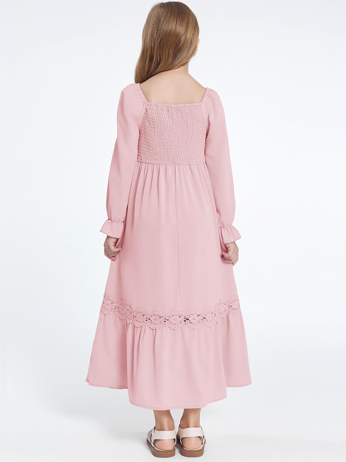 Haloumoning Girls Boho Summer Dresses Long Sleeve Square Neck Smocked Beach Dress Flowy A-line Maxi Dress 4-14 Years - Image 4