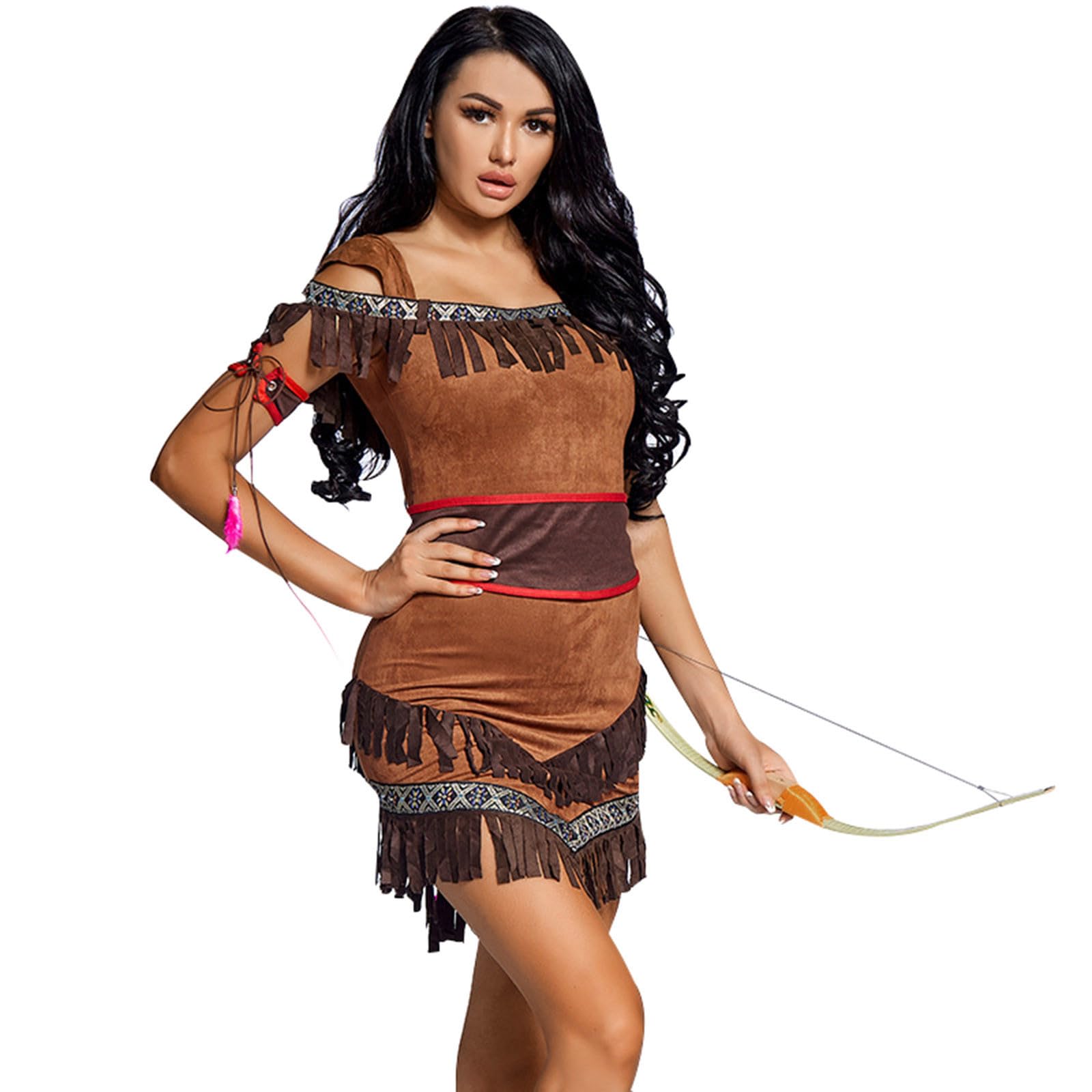 Indianer Kostüm Damen Fasching Wickel Fransenkleid in Wildleder-Optik für Cowgirl Hippie Indianerin 60er 70er Jahre Outfit Faschingskostüm Indianer Karneval Kostüm