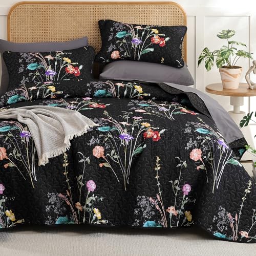WONGS BEDDING Floral Quilt Set King Size, 3 Pieces Black Botanical Plants Pattern Bedspread Coverlet Set with 2 Pillowcases, Soft Lightweight Microfiber Bedding Set for All Season(104'×90')