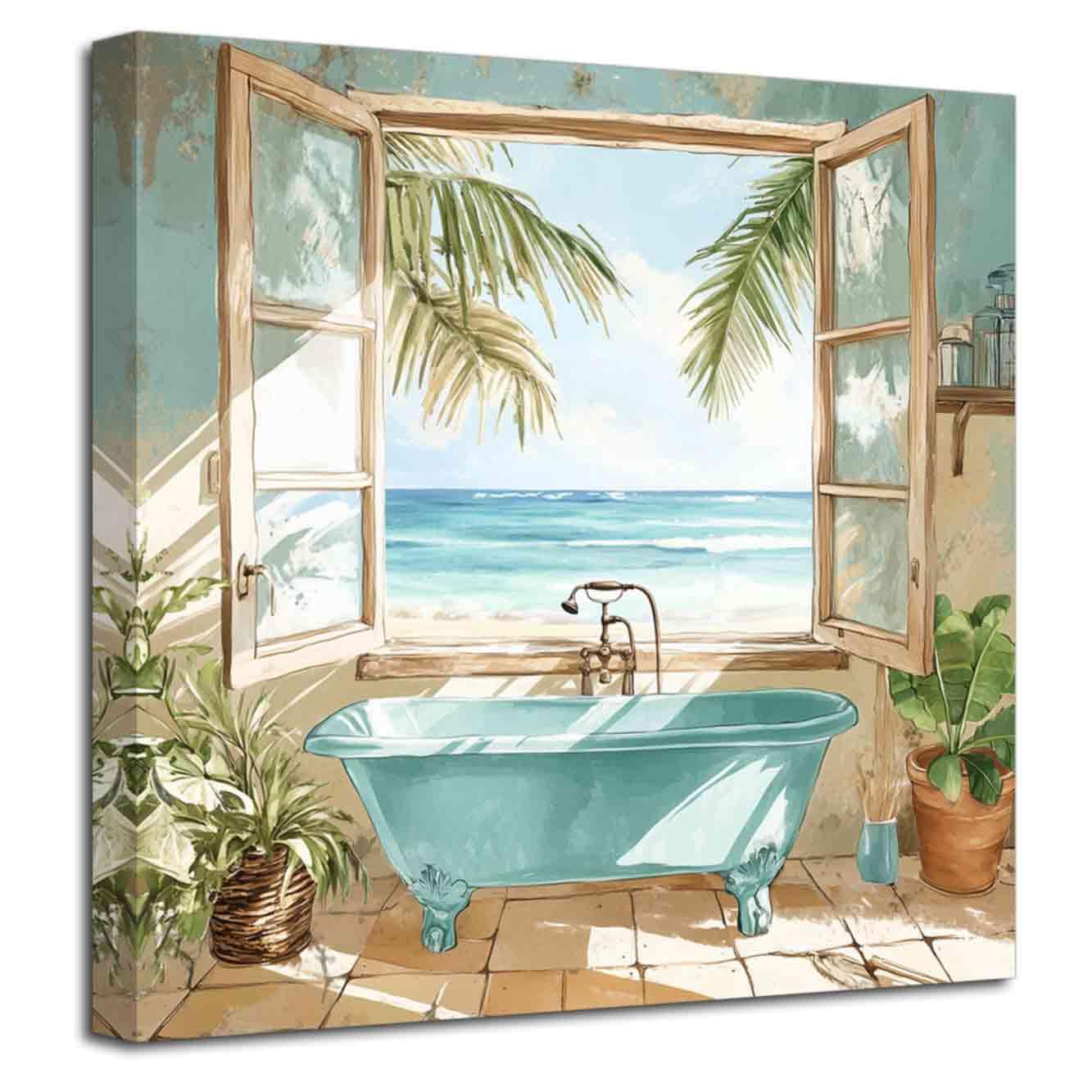 LZIMU Teal Bathroom Wall Art Blue Bathtub Picture Coastal Windows Painting Ocean Beach Turquoise Canvas Print Rustic Palm Trees Poster Sea View Artwork Home Decor (Green, (45L x 45W cm))
