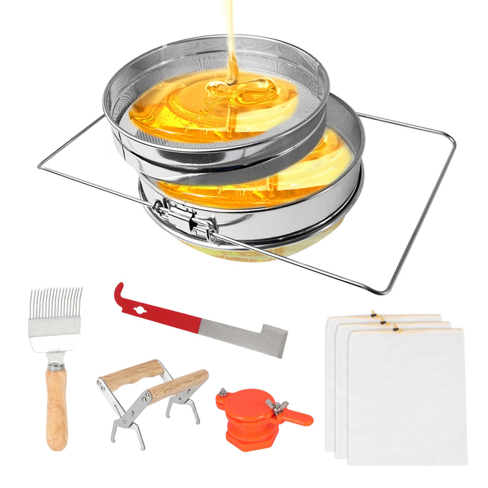 Filtre de Miel Double,Passoire à Miel en Acier Inoxydable avec Bras Extensibles,Tamis Filtrant pour Apiculture,Filtre pour Impuretés pour Seau de 5 Gallons,Apiculture équipement pour Rucher Set