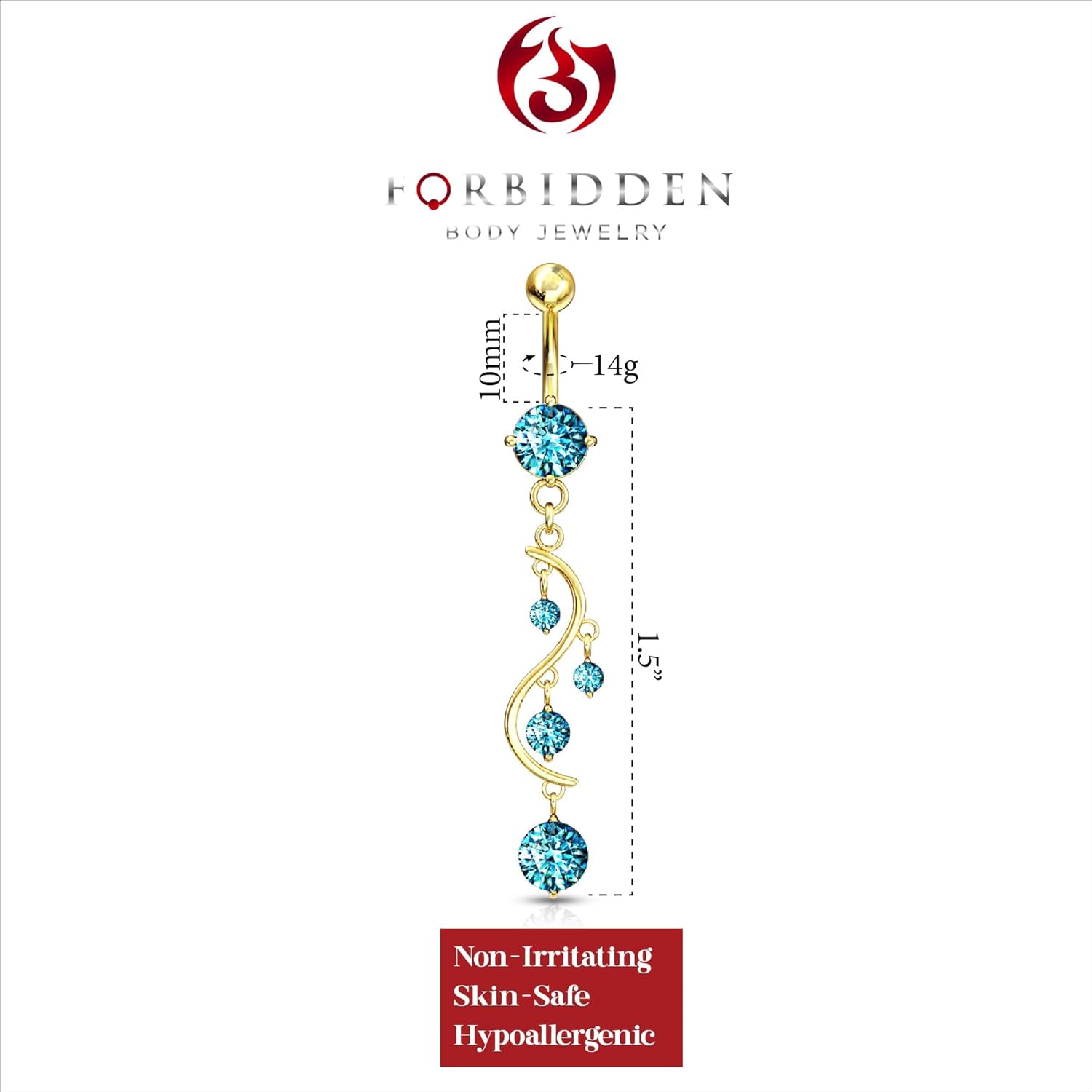 Forbidden Body Jewelry 14kt Gold Plated Surgical Steel Fancy Aqua CZ Crystal Vine Drop Multi Gem Dangle Belly Button Ring - Image 2
