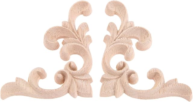 1 Pair Left&Right Wood Hand Carved Corner Flower Pattern Applique Unpainted Modern Furniture Doors Walls Carved Ornamental Decor 7.5x6cm