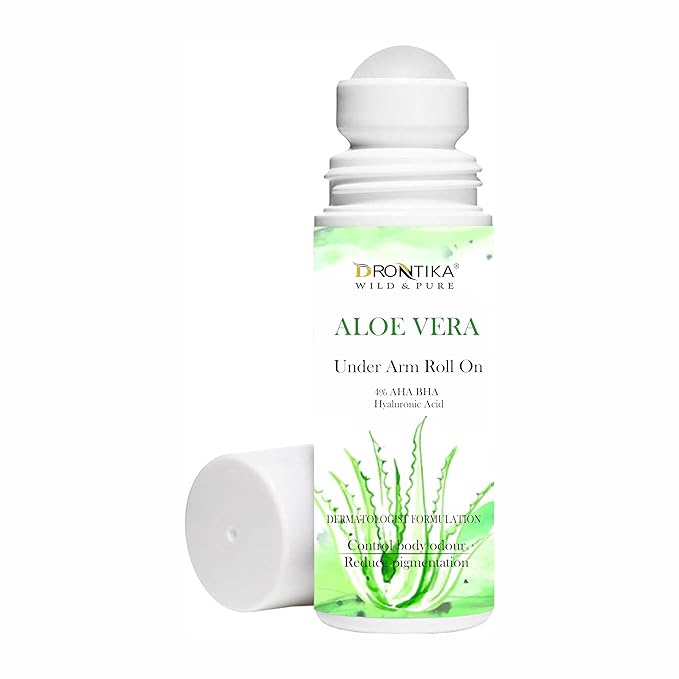 Drontika Wild & Pure Aloe Vera Underarm Roll On Deodorant For Women, Antiperspirant, Removes Odour, Keeps Skin Fresh & Clean, Alcohol Free, Skin Friendly, 50 ml with AHA & BHA