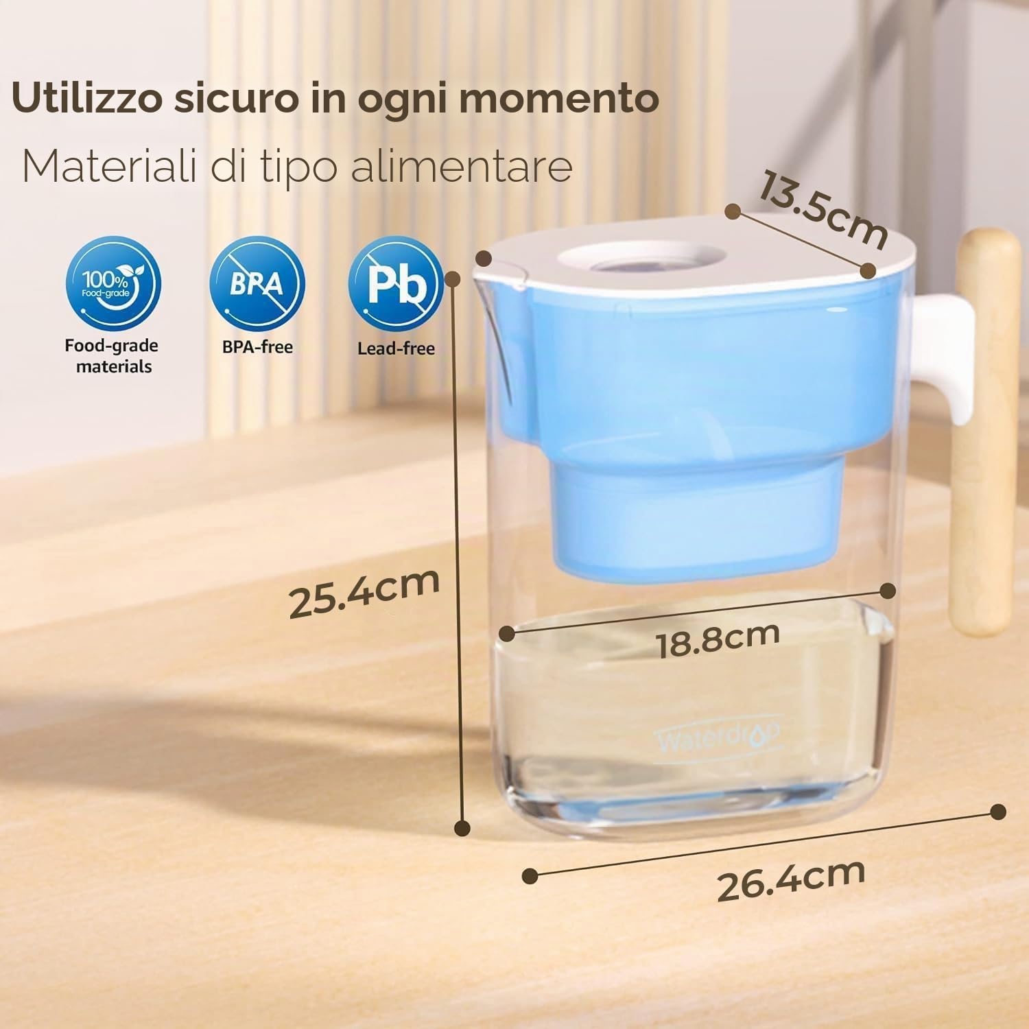 Waterdrop Chubby Caraffa Filtrante da 3,5 Litri Certificata NSF con 1 Filtro da 90 Giorni, Riduce il Piombo, il Fluoro, il Cloro e Altro, Senza BPA, Blu (Filtro di Ricambio: WD-PF-01A Plus)