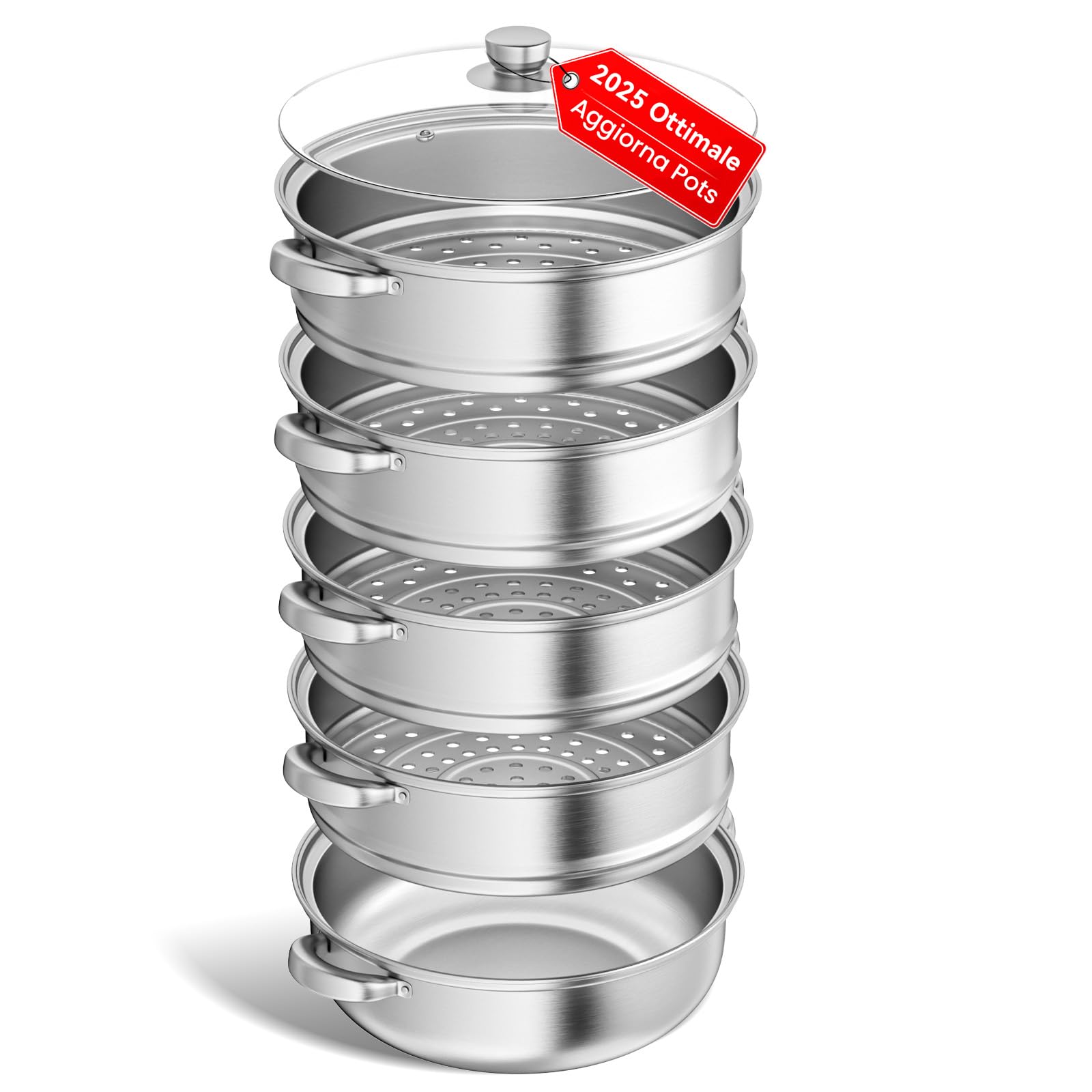 Vaporiera per cucinare Pentola per cottura a vapore in acciaio inossidabile da 28 cm con cestello per cottura a vapore, pentole a 3/4/5 livelli con coperchio per cucinare verdure, zuppe (5 livelli)