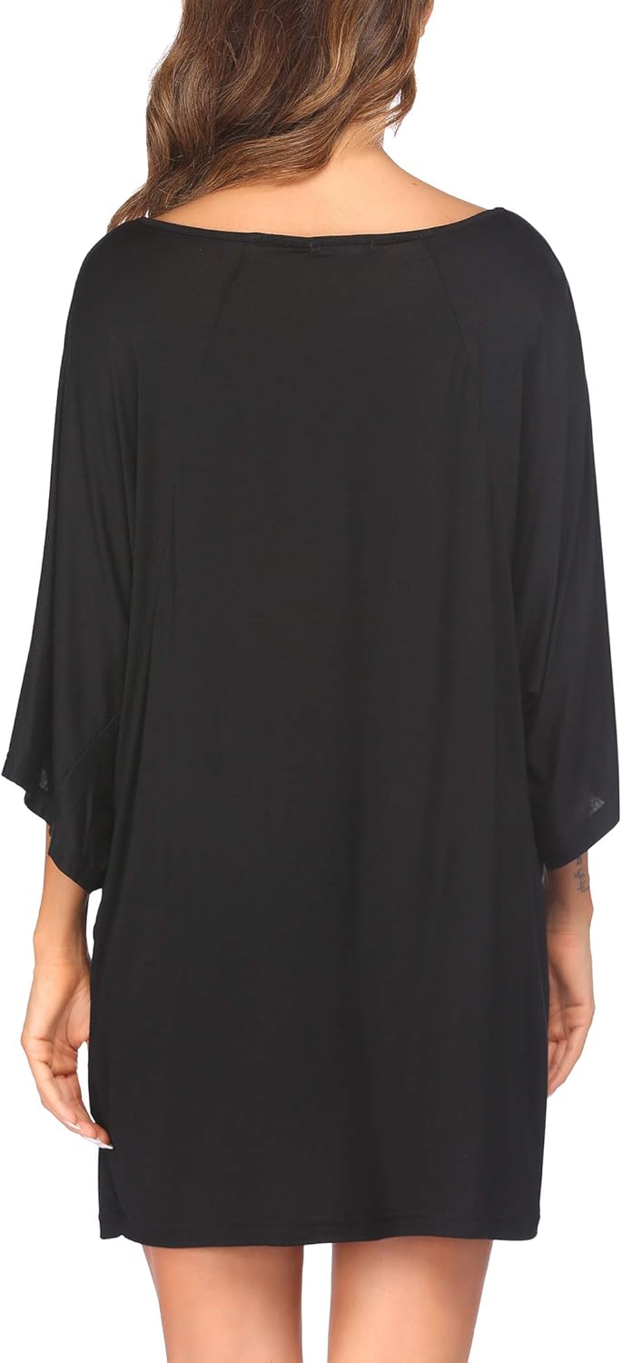 Ekouaer Women's Sleepshirt Deep V Neck Nightgown Batwing Nightshirt Oversized Sleepwear - Image 4