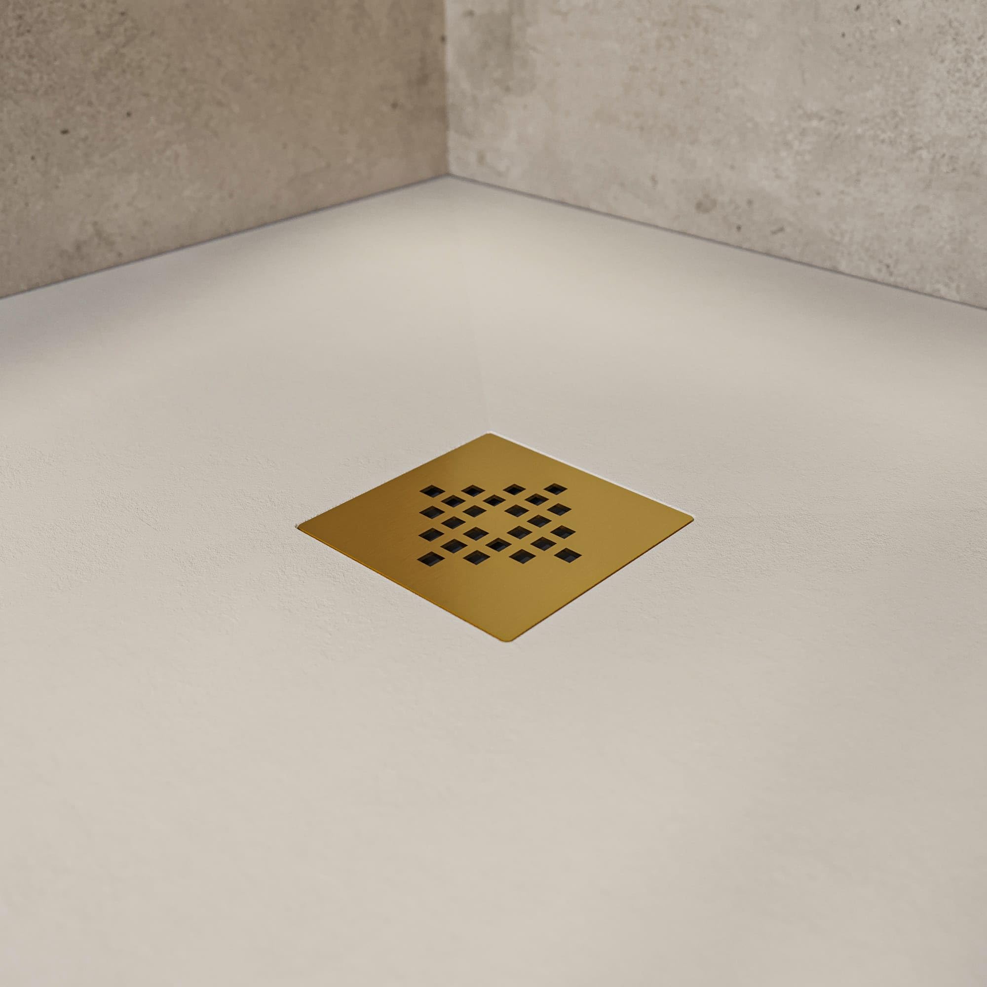 SOULHOME Brodzik prysznicowy– Żywica– Gel Coat– Gładki Jedwab tekstura – Antypoślizgowy – Kolor intensywnie kremowy – 100x100- Niski 3 cm– Z dodatkowym syfonem – Ruszt Złoty