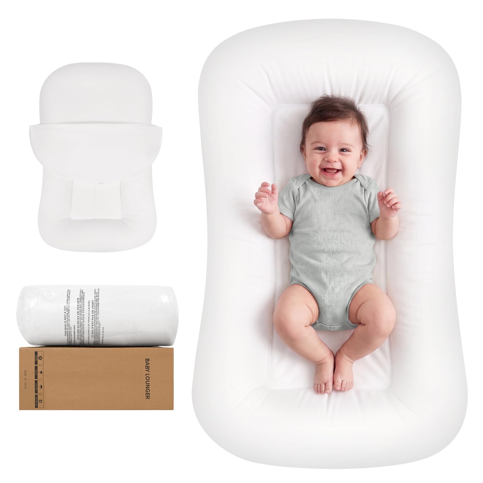 Baby Lounger for Newborn 0-24 Months, Infant Support Cushion Compliant with 16 CFR 1243, Soft Cotton Portable Infant Lounger for Supervised Awake Time, Washable Cover(White), Pallet of Product
