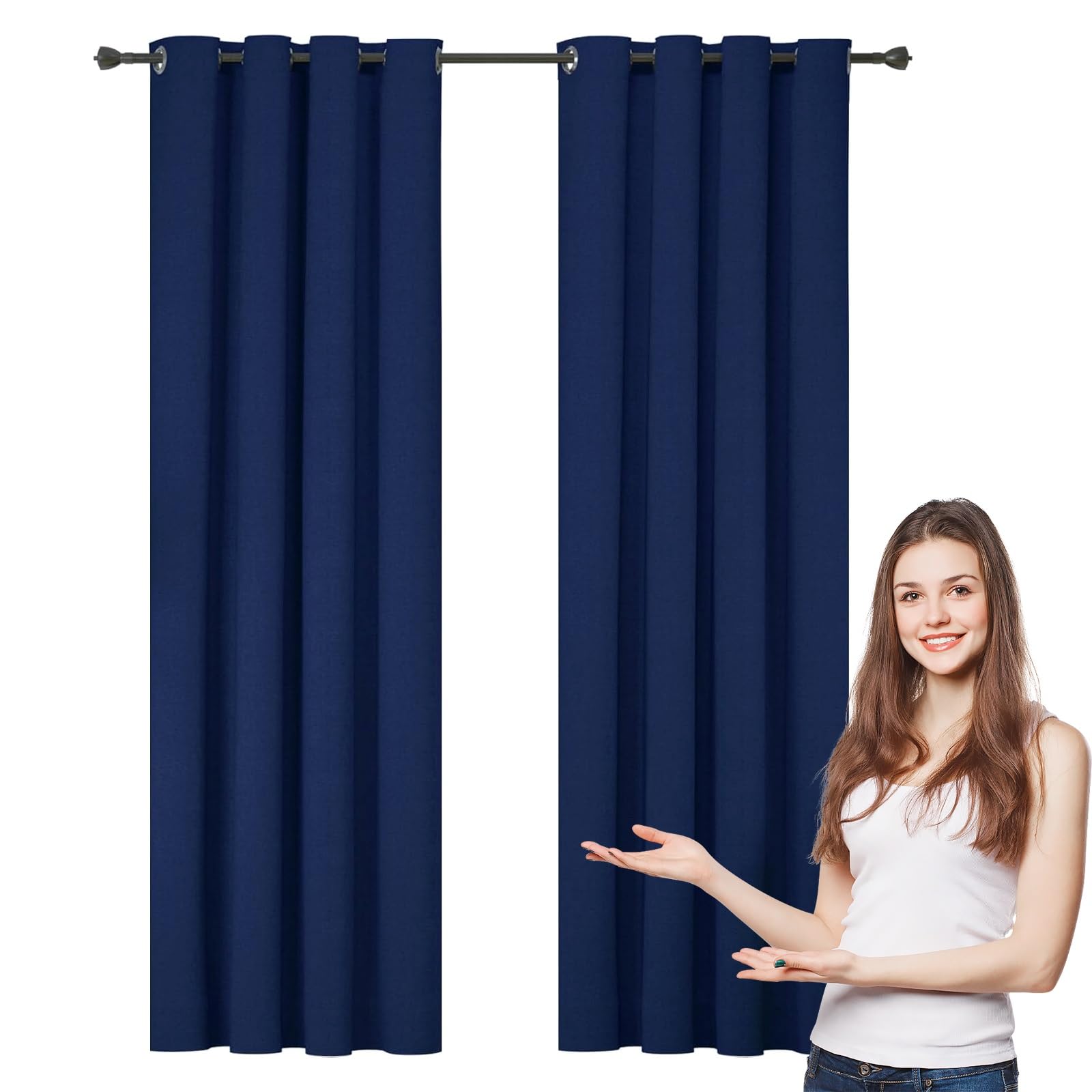 WUXXIANG 100% Blackout Curtains Eyelet 220 x 130 cm Thermal Insulated Energy Saving, Blackout Curtains, Thermal Insulated Curtains, with Matching Tie Backs, for Home Fashion Decor, Navy Blue