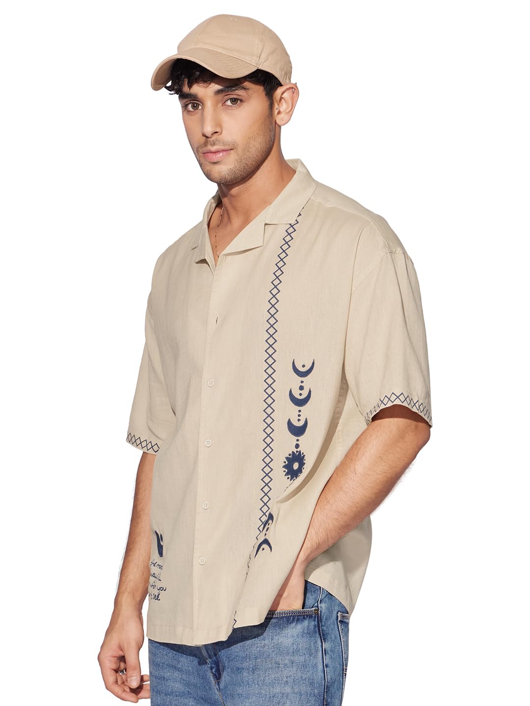 Bloom: Believe Men and Boys Short Sleeves Collared Neck Button Front Beige Embroidered Regular Fit Cotton Shirts-image-12
