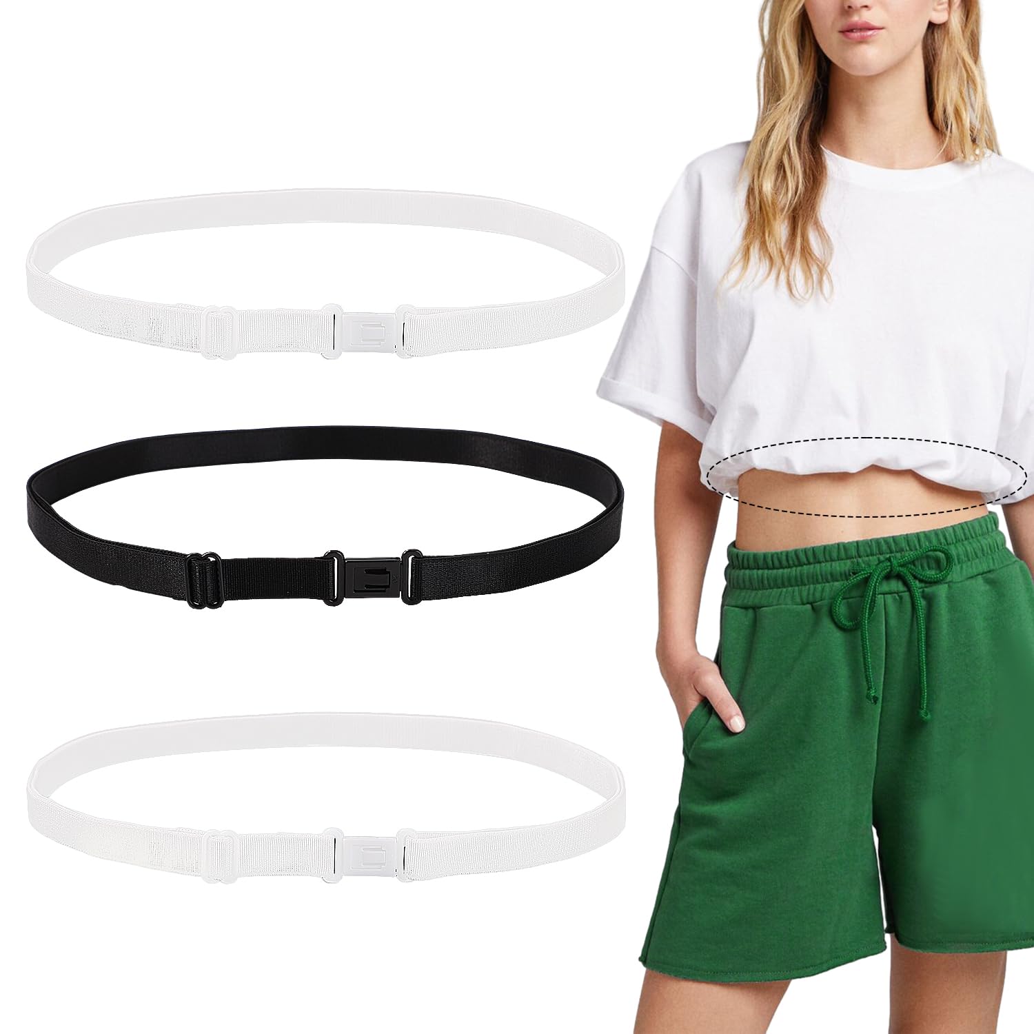 PEUTIERPack of 3 Crop Tuck Band, Adjustable Crop Tuck Elastic Band Crop Top Band for Women Crop Tuck Tool for Shirt Transform Your Style (Black + White)