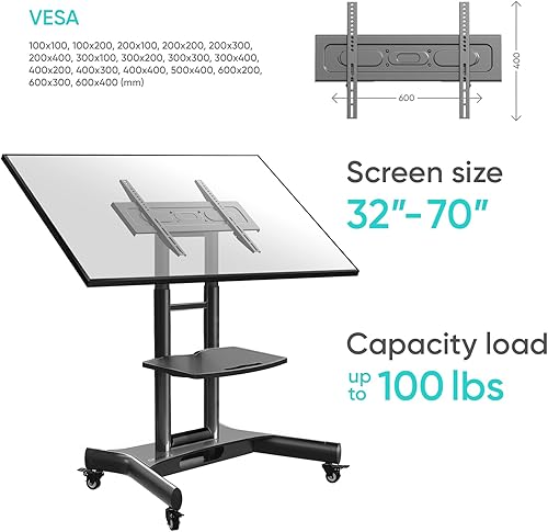 Miniatura 6 de ONKRON Soporte de TV móvil con ruedas para TV de 32 a 70 pulgadas de hasta 99 libras - Soporte de TV de piso inclinable - Soporte de TV de altura