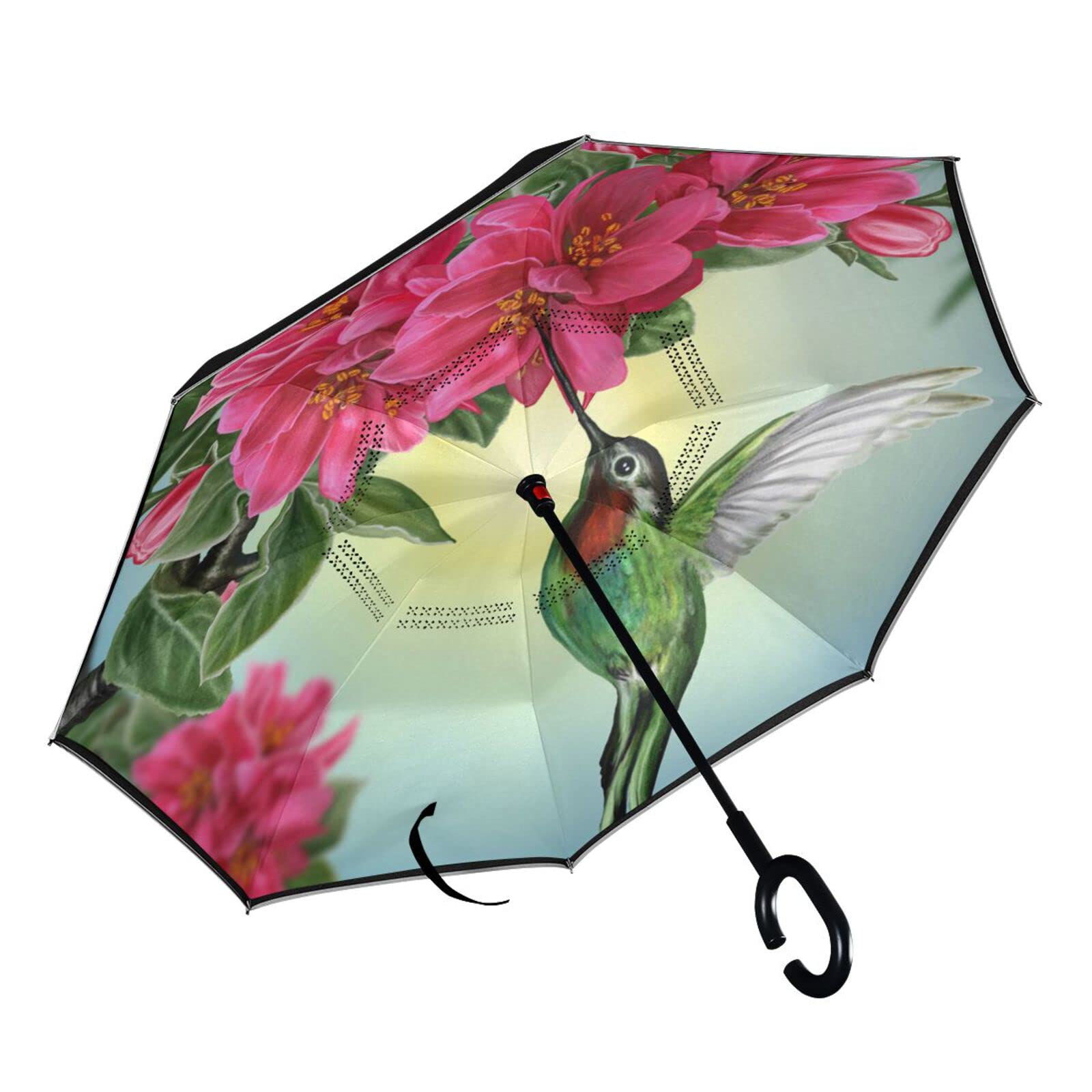 MNSRUU Paraguas invertido de flores de colibrí de doble capa para coches a prueba de viento Paraguas de lluvia para coche al aire libre con mango en forma de C, protección UV, Green, L