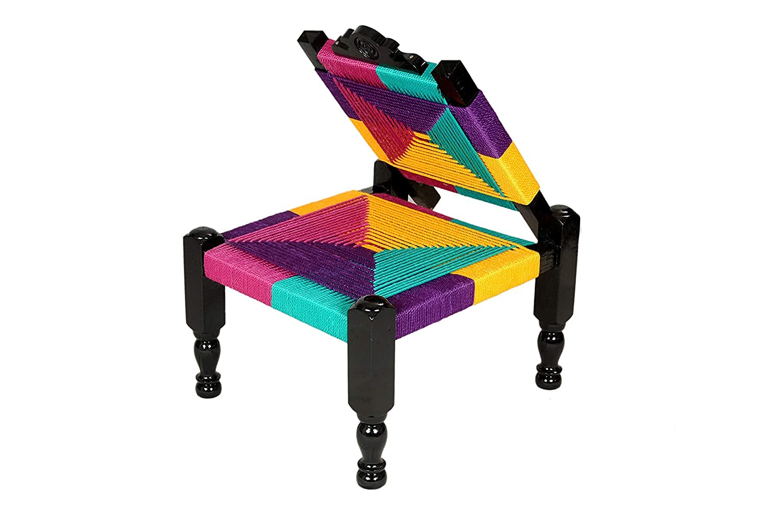THE ROYAL CRAFTS Traditional Handicrafts Resham Rope Multicolor Wooden Folding Chair Khatli Bajot Stool Chowki PIdda Mudda Rajwadi Home Decore Furniture Garden Chair Table 1