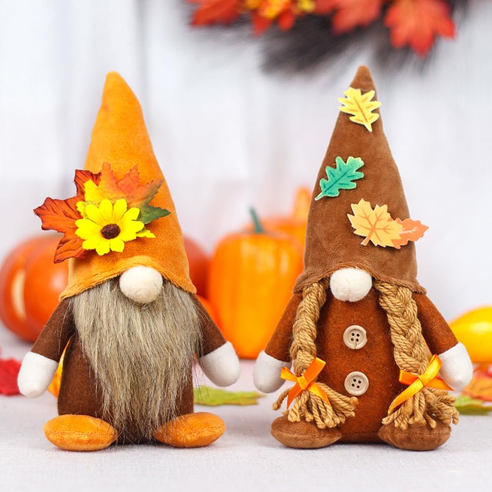 JOAASU Set of 2 Autumn Gonk Decorations, Fall Gnomes Decor, Autumn Faceless Gnomes, Harvest Fall Gifts, Handmade Harvest Sunflower Maple Leaf Elf Dwarf Tomte for Kitchen Home Decorations (B)