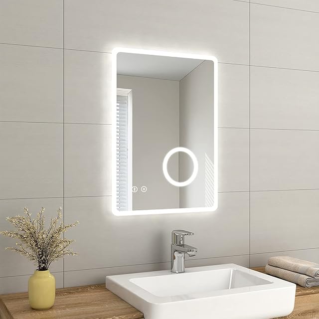 EMKE Backlit Illuminated Bluetooth Bathroom Mirror with Shaver Socket 500x700 mm, Wall Mounted Multifunction LED Bathroom Vanity Mirror with Lights, Demister Pad and 3x Magnifier [Vertical]