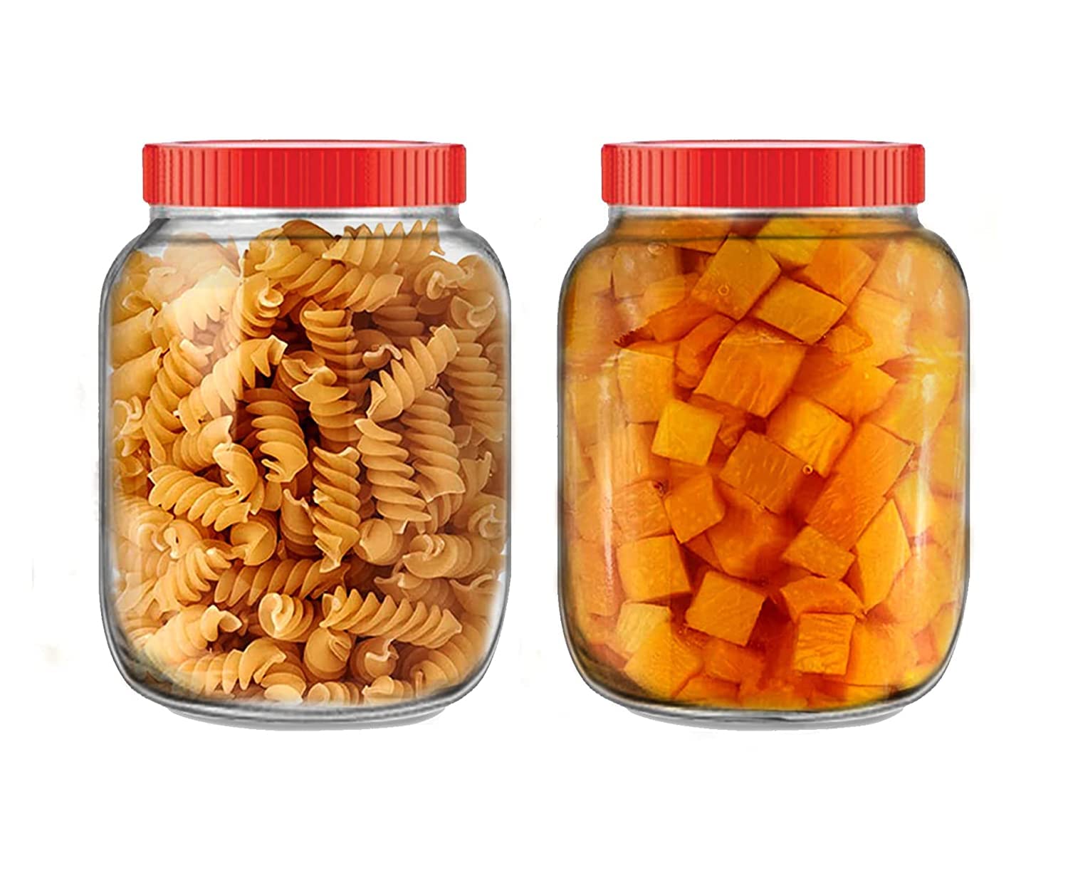 Piramal Glass Round Shape Transparent Glass Jars & Containers for Kitchen Pantry, Snacks, Masala, Pickles, Dry Fruits, Coffee Beans Storage with Red Color Plastic Lid (Set Of 2) (3000ml Round Red Cap)