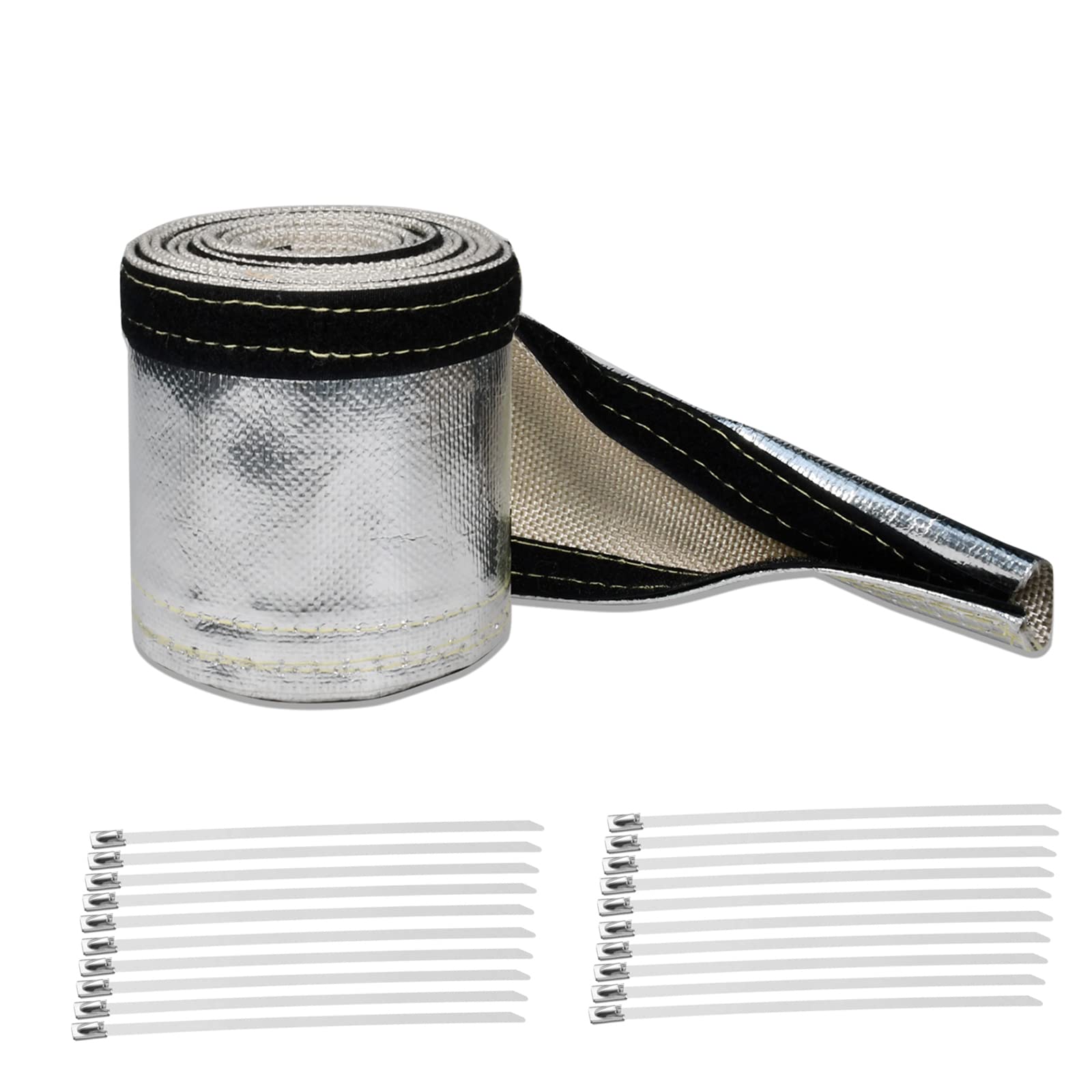 Heat Shroud Sleeve Aluminized Sleeving for Ultimate Heat Protection with Hook and Loop Closure,3/4" I.D. x 10FT,Heat Sheath Sleeve,with 20Pcs Stainless Steel Cable Metal Zip Ties