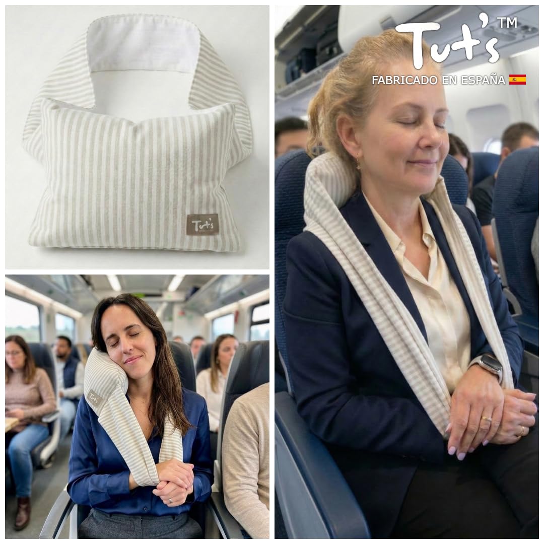 Tut's Almohada de Viaje, Almohada Bandolera Firme, Transpirable y Lavable, Cojín Cervical y Lumbar, Apoyo de Brazos, Adaptable y Regulable – Negro, Beige y Celeste – Fabricado en España (Beige)