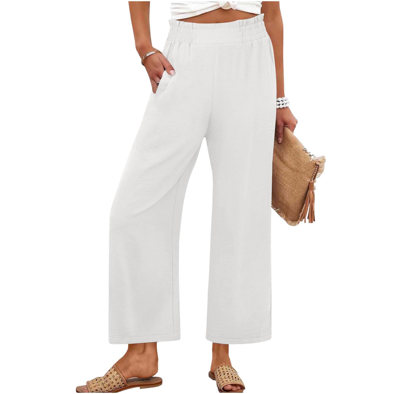 Womens Pants Wide Leg High Waisted Flowy Palazzo Pant Summer Flowy Beach Vacation Lounge Casual Trousers with Pockets