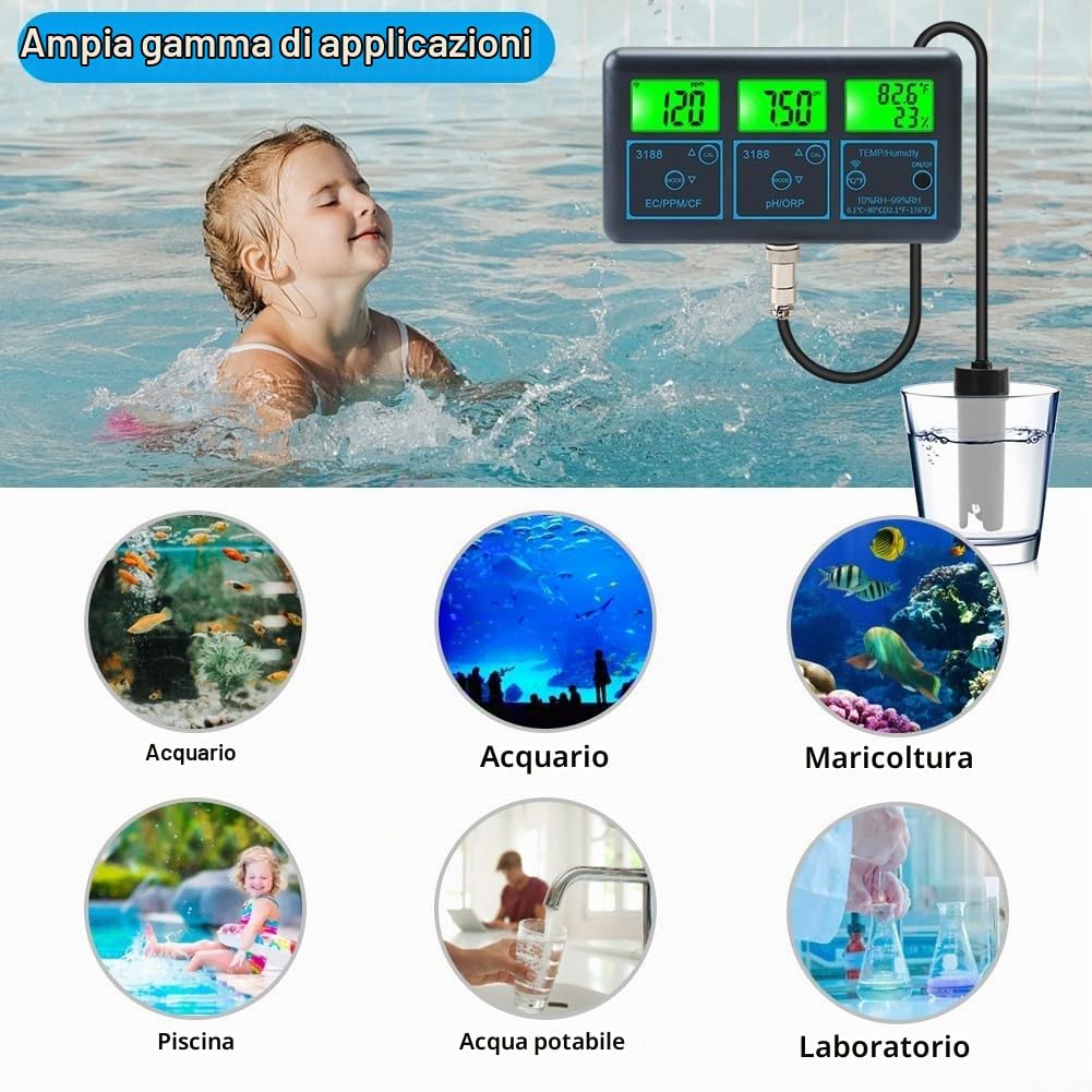 7 in 1 Analizzatore di qualità dell'acqua per piscina con cloro residuo, pH, ORP, sale, temperatura, WiFi compatibile per Tuya, funzionamento plug-in, sonde ad alta precisione per piscina (EU)