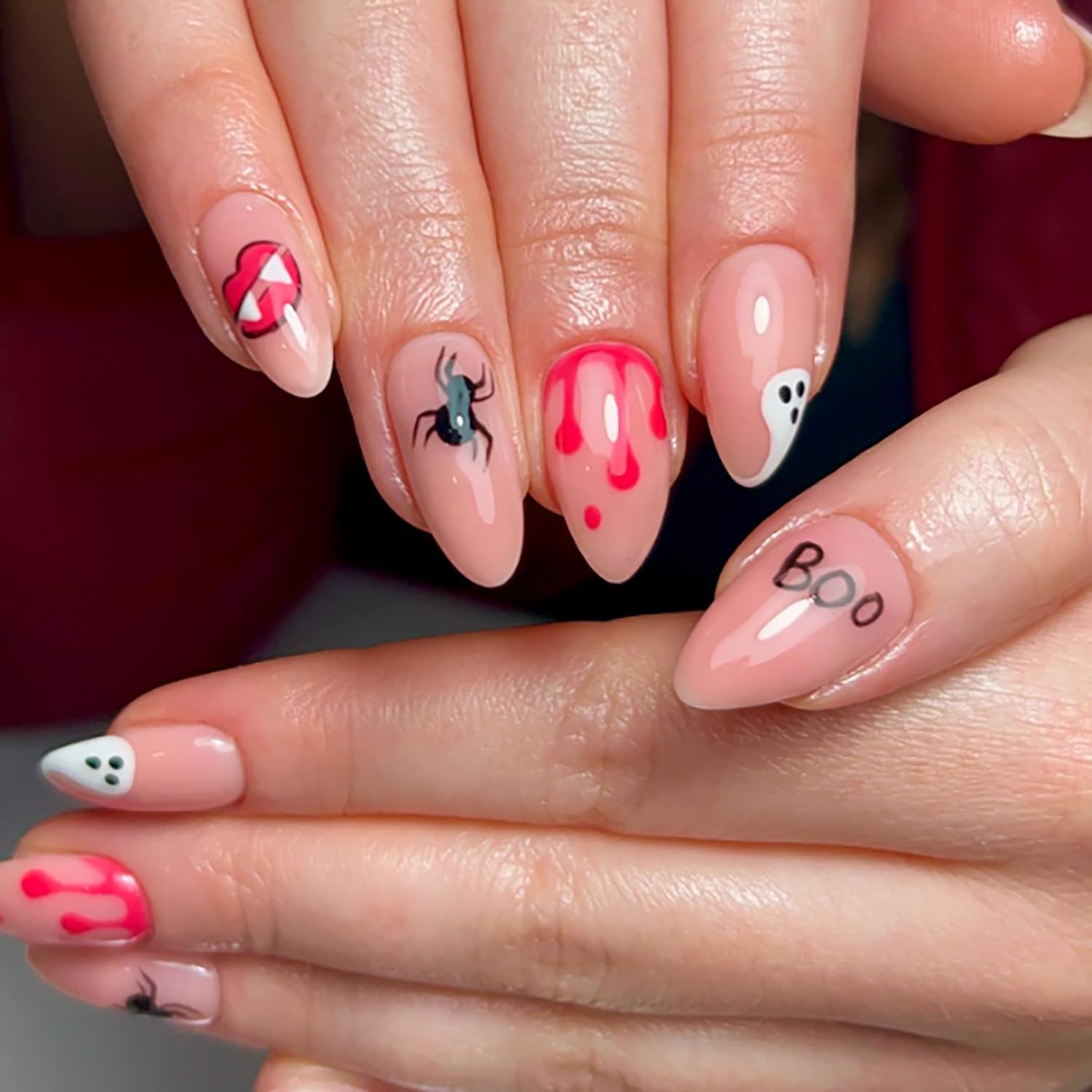 24 Pcs Halloween Nails Medium Length Press on Nails Almond Fake Nails Nude Pink RIICFDD False Nails with Adorable Ghost Blood and Spider Design Acrylic Nails Full Cover Glue on Nails for Women Girls Halloween Nails6