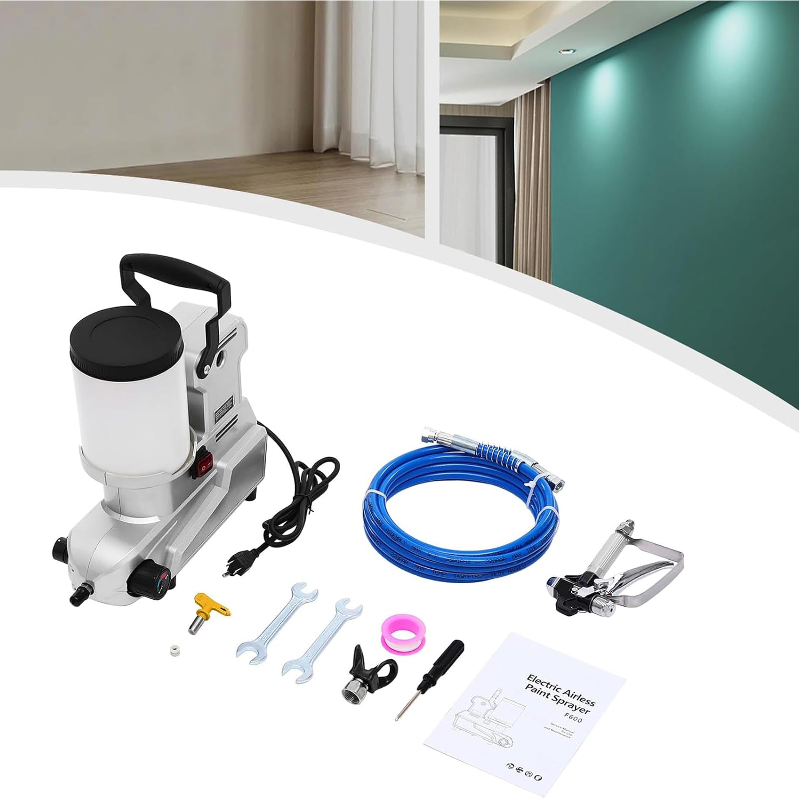 Pulverizador de pintura sin aire de alta presión de 1600 W, presión ajustable, manguera de 5 m, flujo de 2,5 l/min, ideal para pulverización en interiores y exteriores, equipos de prevención de
