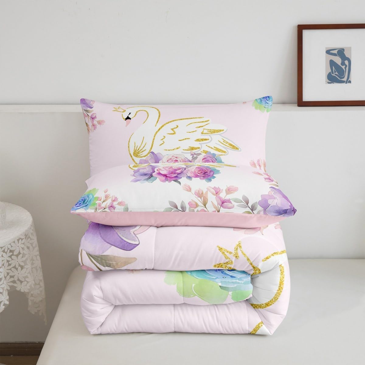 Dreamy Swan Crown Boys Girls Comforter Set,Fairy Tale Floral Duvet Set for Room Decor,Pink Girly Flowers Brushed Microfiber Soft Quilt Cover,Full