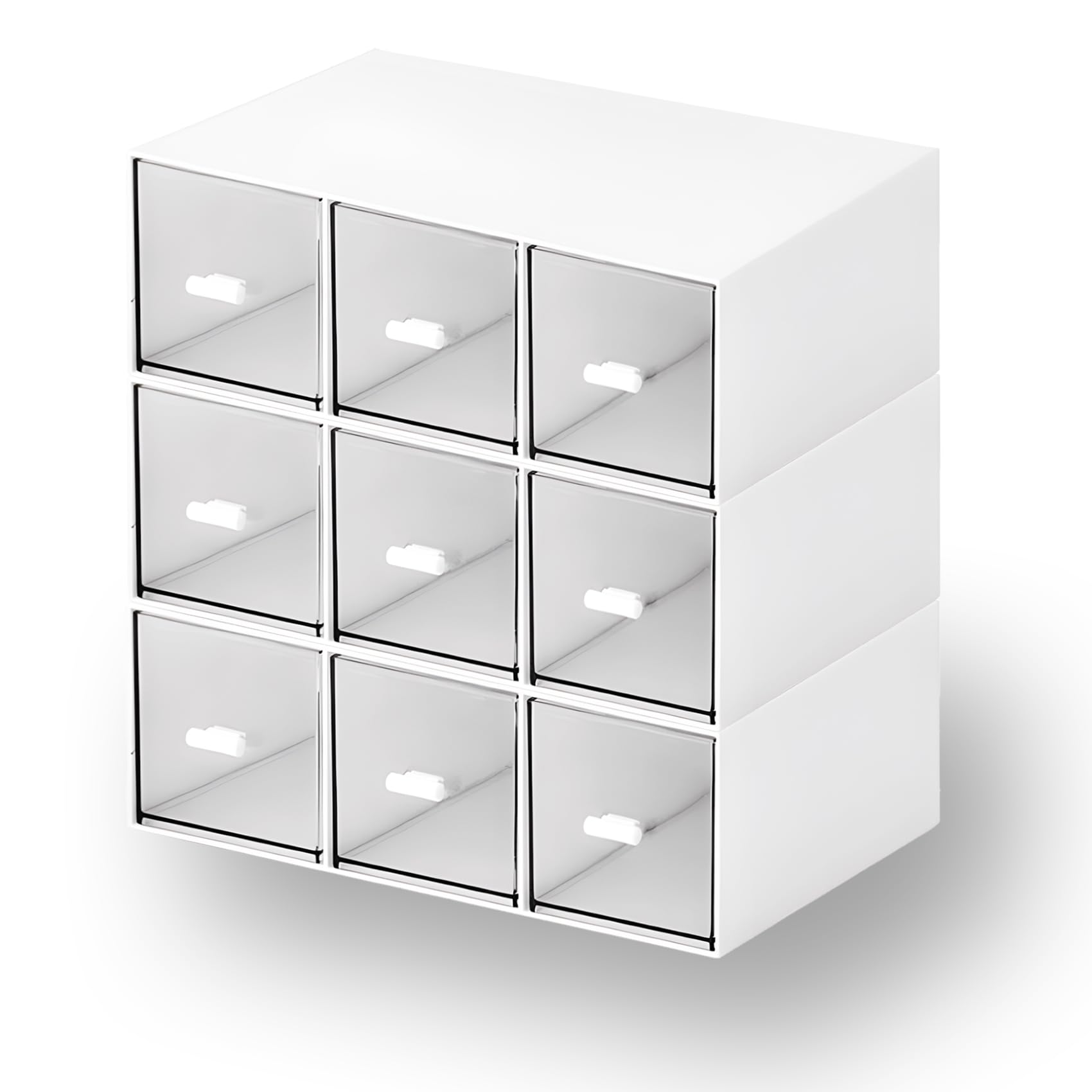 OSteed Desktop Drawers, Desk Organizer with 9 Drawers, Stackable Plastic Storage Box for Home Collection, Cosmetics, Office Supplies (3 Tall Layers, White)