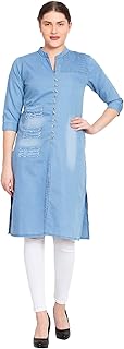 VOOM Blue Denim Front Slit Rough Band Collar Pint-ex Women's Straight Kurta