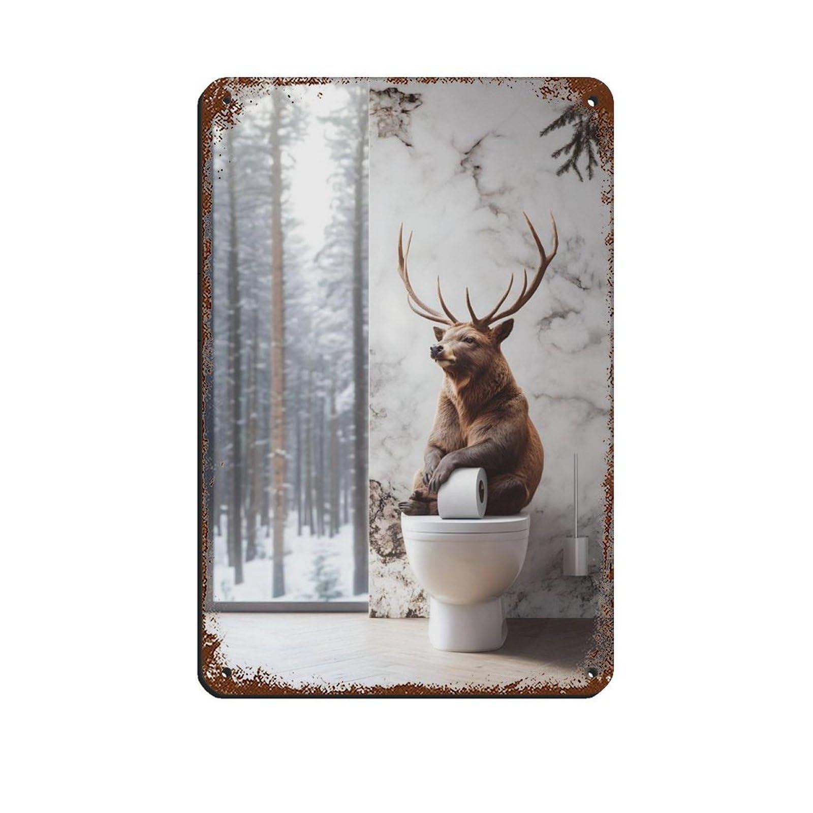 Lxwnze 20L X 30W Cm Funny Bathroom, Deer On Toilet Poster Retro Poster Metal Tin Sign Chic Art Retro Iron Painting Bar People Cave Cafe Family Garage Poster Wall Decoration 8X12inch(20X30cm)