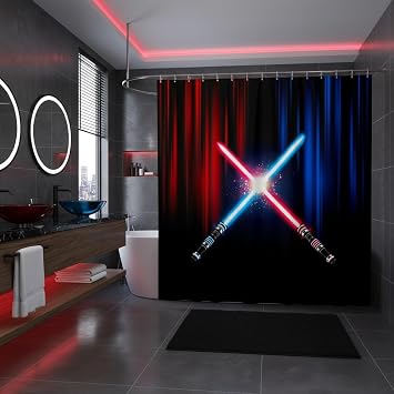 Neon Light Light Up Sword Shower Curtain Geometric Red Blue Abstract Ombre Bathroom Curtain Kids Boys Adult Bathtub Decor Video Games Waterproof Curtain Fashion Black Bath Curtain,12 Hooks,72"Wx72"L