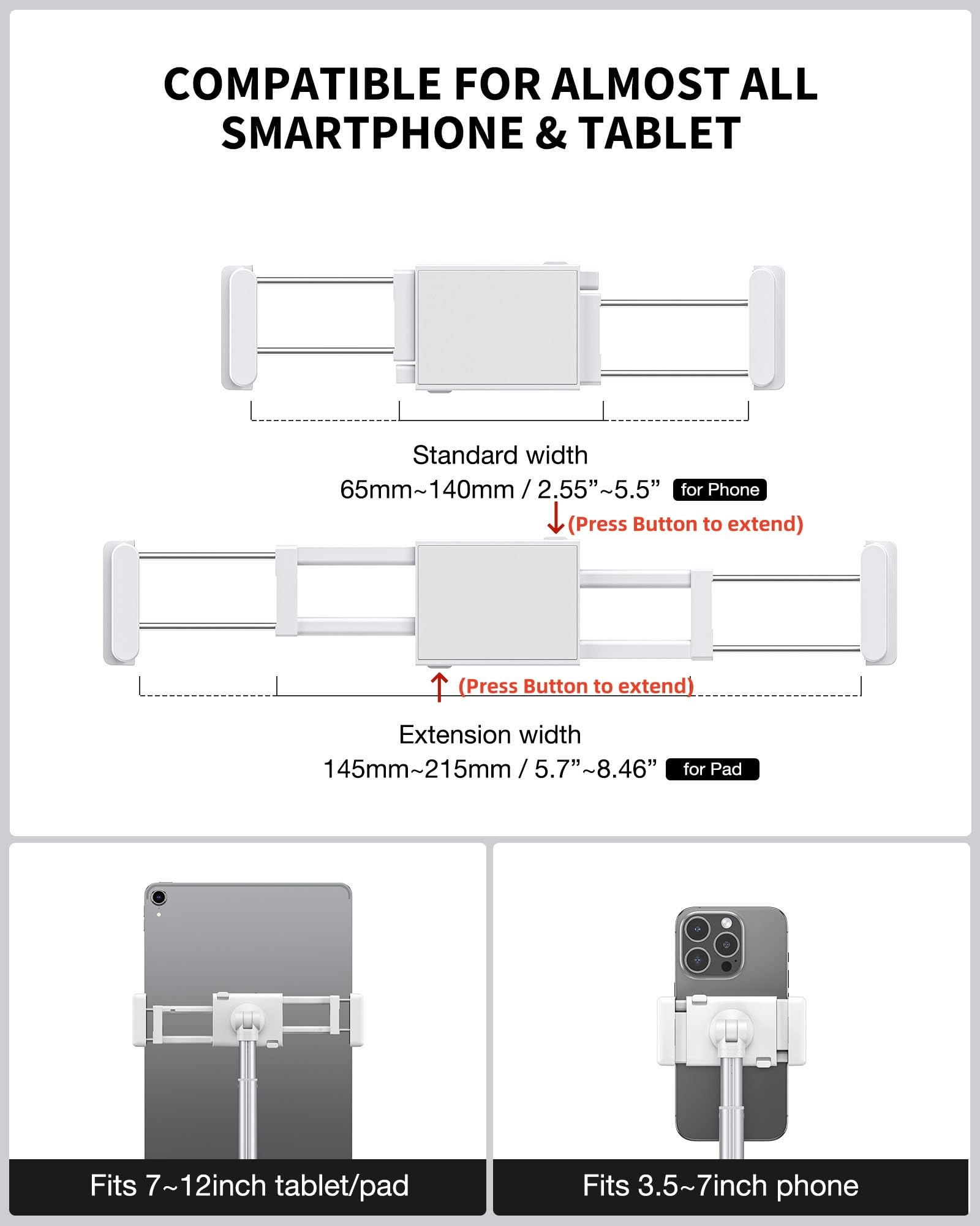 CAMOLO Stojak na tablet, z regulacją wysokości, wysuwany uchwyt na telefon, obracany o 360 stopni, do iPada, studia fitness, łóżka, Kindle, czytnika e-booków,