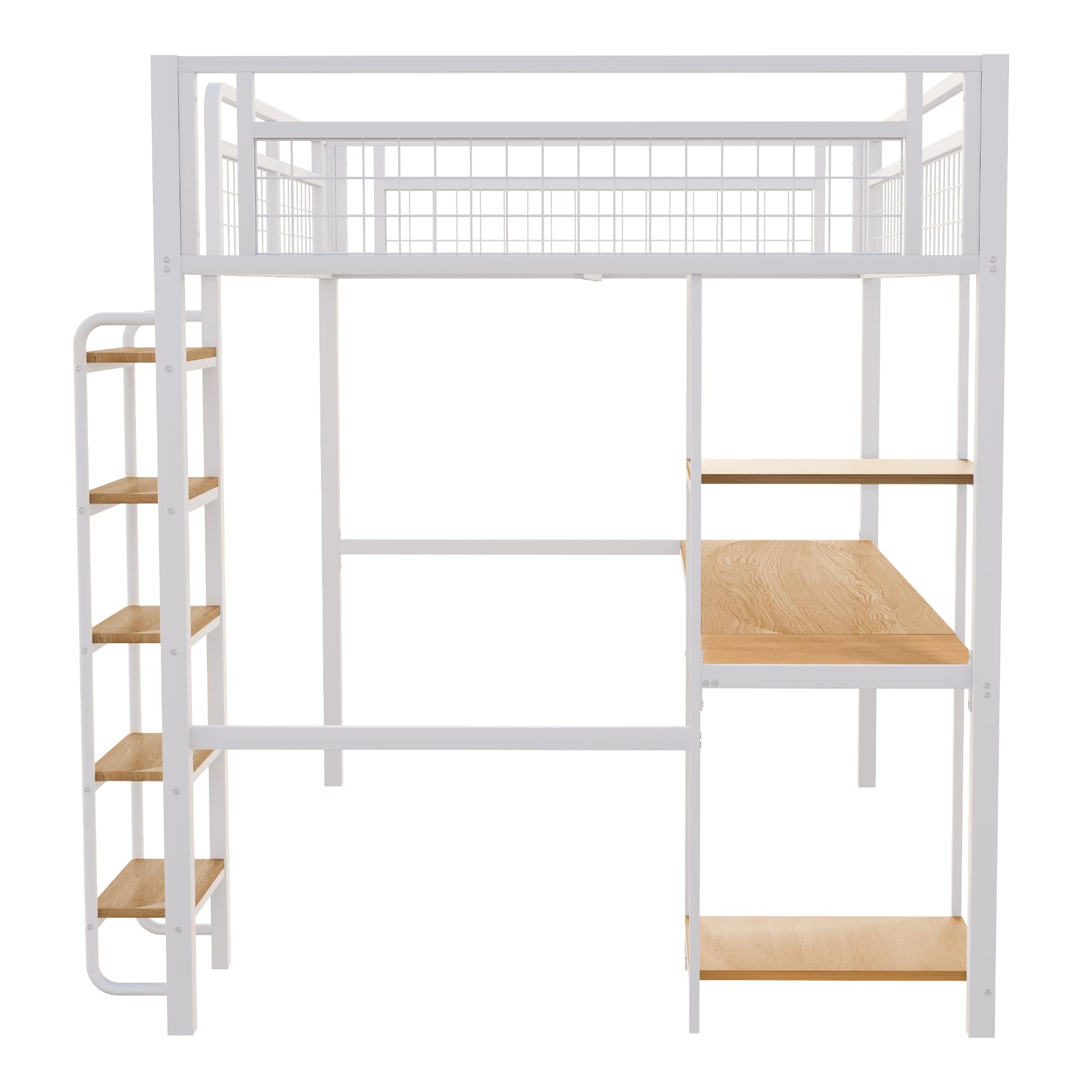 Cama alta de metal de 140 x 200 cm, escalera de seguridad con escalera, cuna con mesa y estante, cama para adultos, valla de seguridad de malla metálica (blanco, 140 x 200 cm)