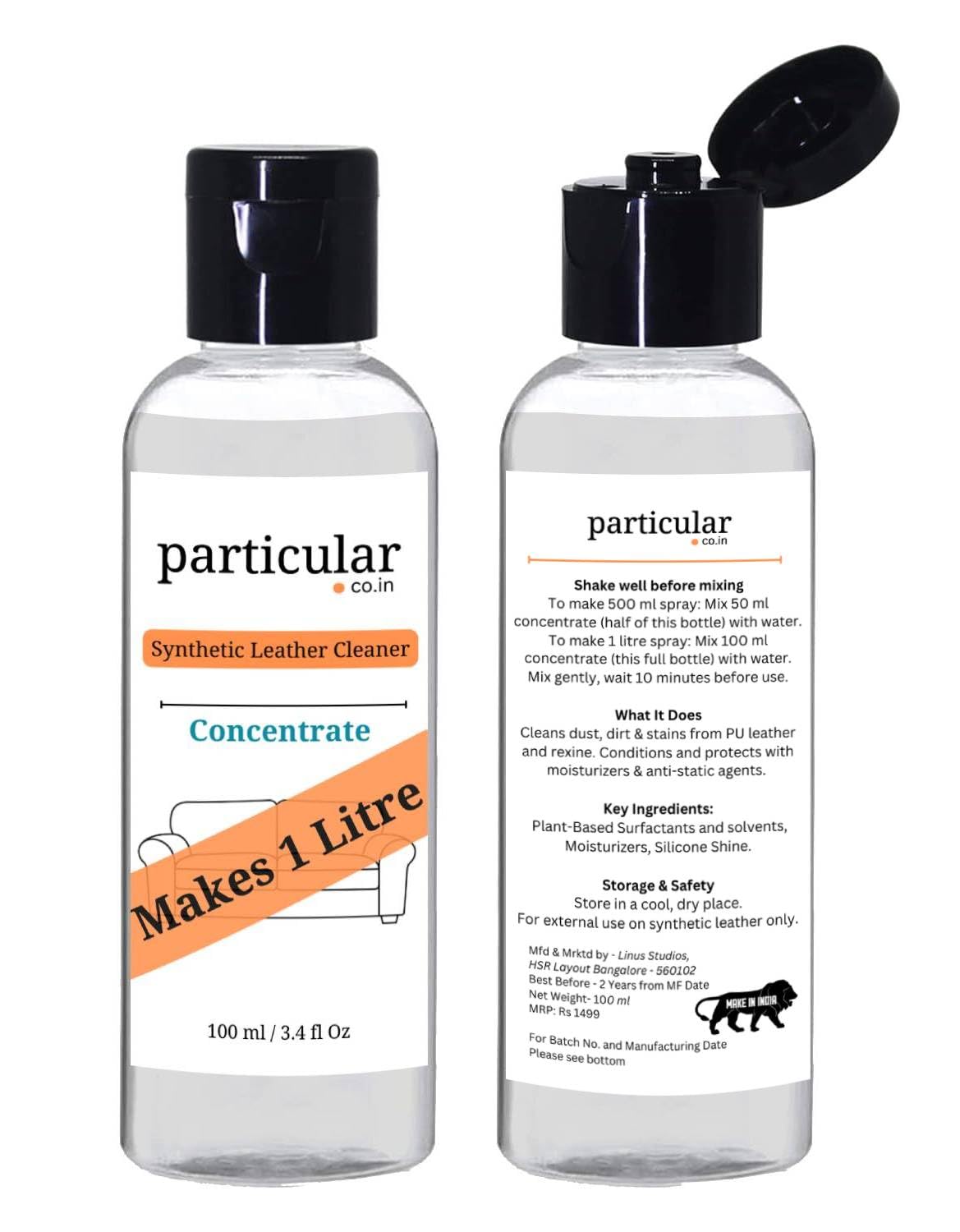 Particular PU,Rexine & Vegan Leather Cleaner + Conditioner | Cleans, Conditions & Softens Rexine, Faux & Synthetic Leather | Anti-Static, Streak-Free Finish | Gentle Foam (1, 100 Ml Concentate)