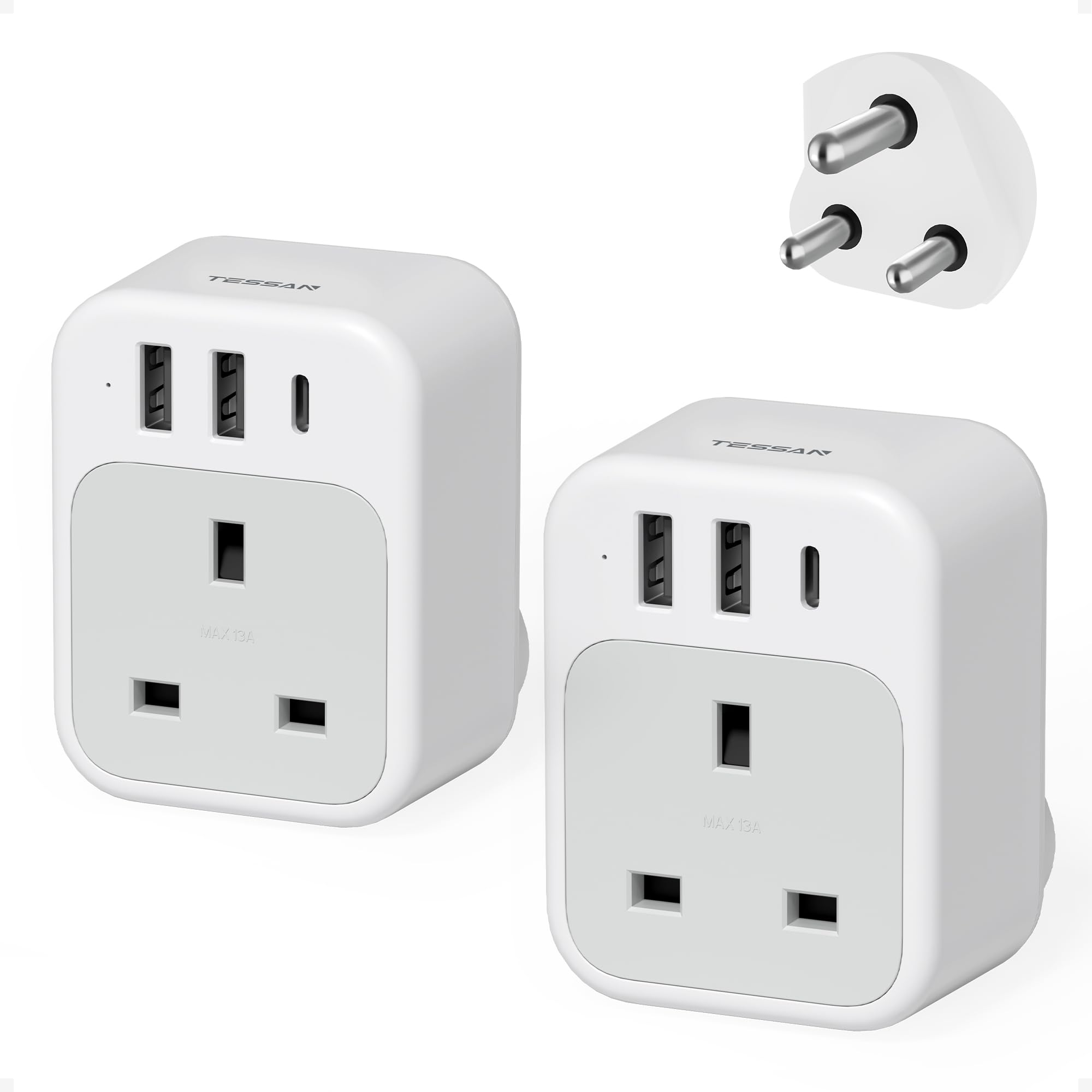 South Africa Plug Adapter 2 Pack, TESSAN UK to South Africa Plug Adapter with USB C and 2 USB A, 4 in 1 Type M Travel Adaptor