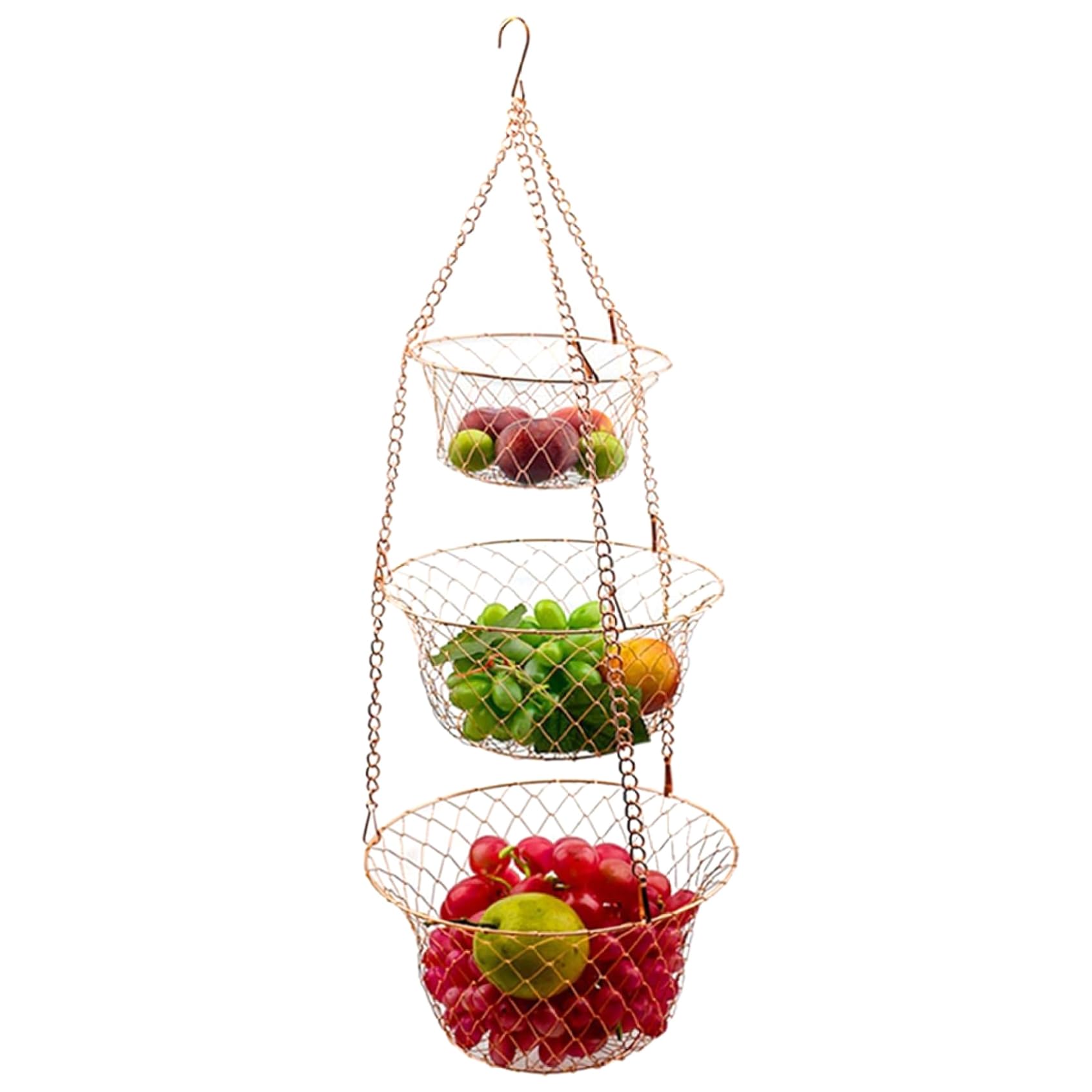 Neptuiby Hanging Fruit Basket, 3-Tier Metal Hanging Baskets for Kitchen with Foldable Design, Sturdy Iron Storage Organizer for Fruits and Vegetables Rose Gold