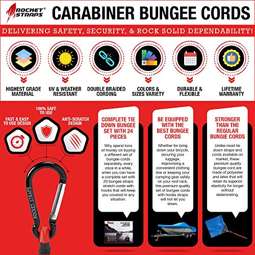 Rocket Straps Bungee Cords | Premium Heavy Duty Outdoor Carabiner Bungee Cords With Hooks | Bungee Cord Assortment Includes | Tie Downs | Ball Bungees | (4) Tarp Clips | Bungie Cord Straps #TOP4
