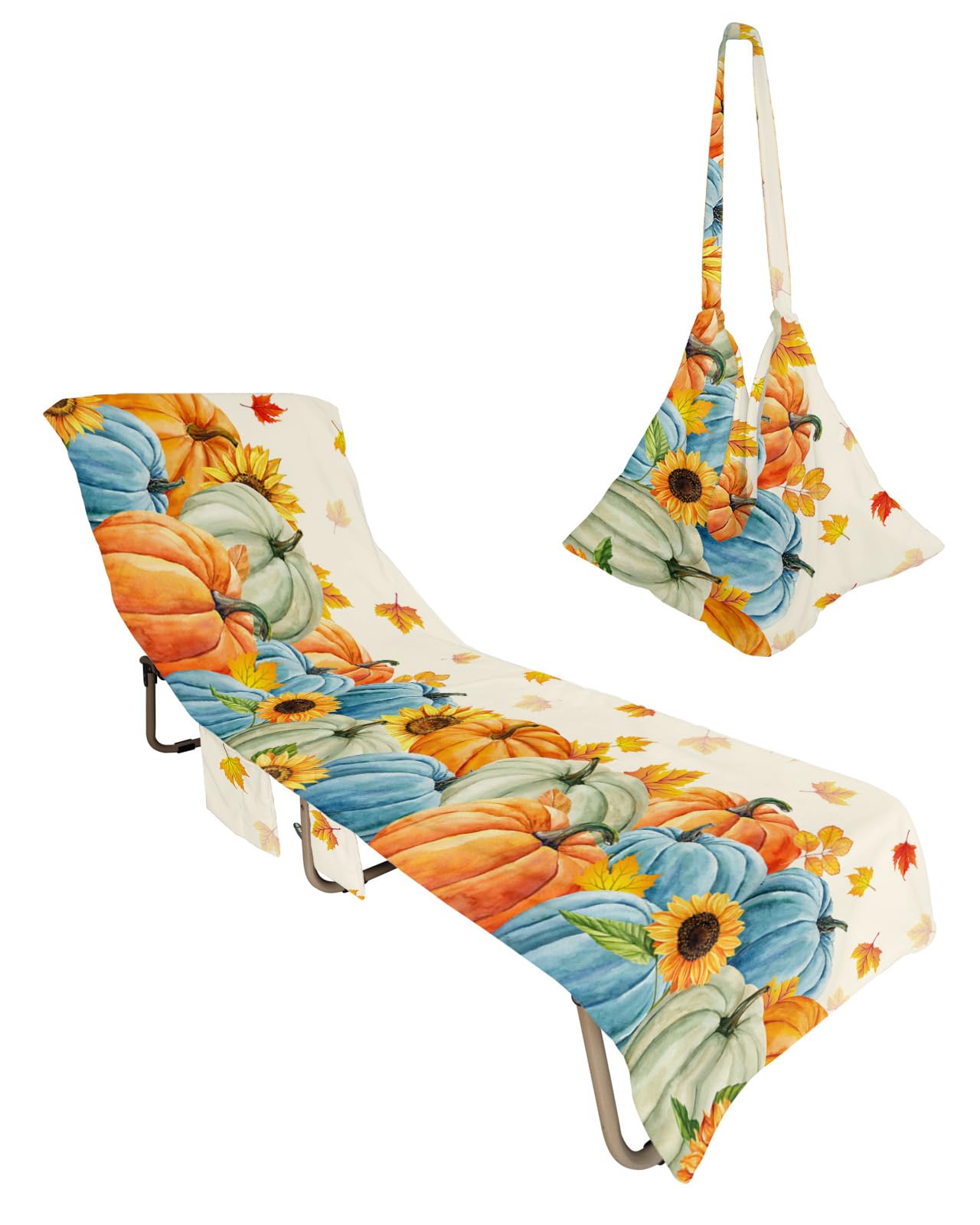 Thanksgiving Fall Beach Chair Towel Covers for Chaise Lounge with Side Pocket, Soft Plush Pool Towels Cover for Patio Sunbathing Outdoor 29''x85'' Colored Pumpkins Maple Leaves