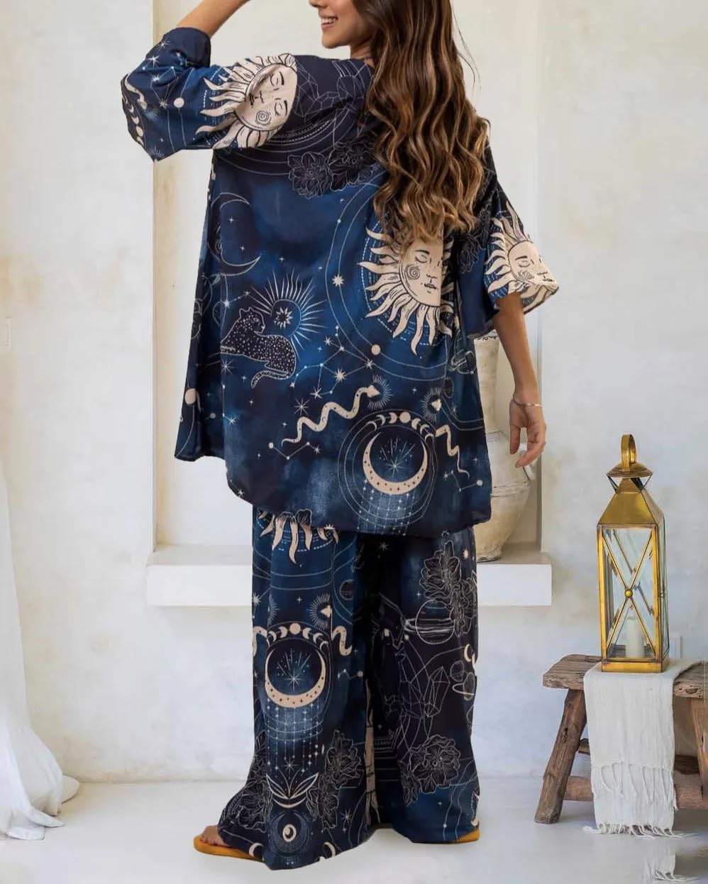 WaveHills Women's 3 Piece Celestial Sun Moon Print Set Boho Halter Crop Top, Wide Leg Pants & Kimono Cardigan Outfit