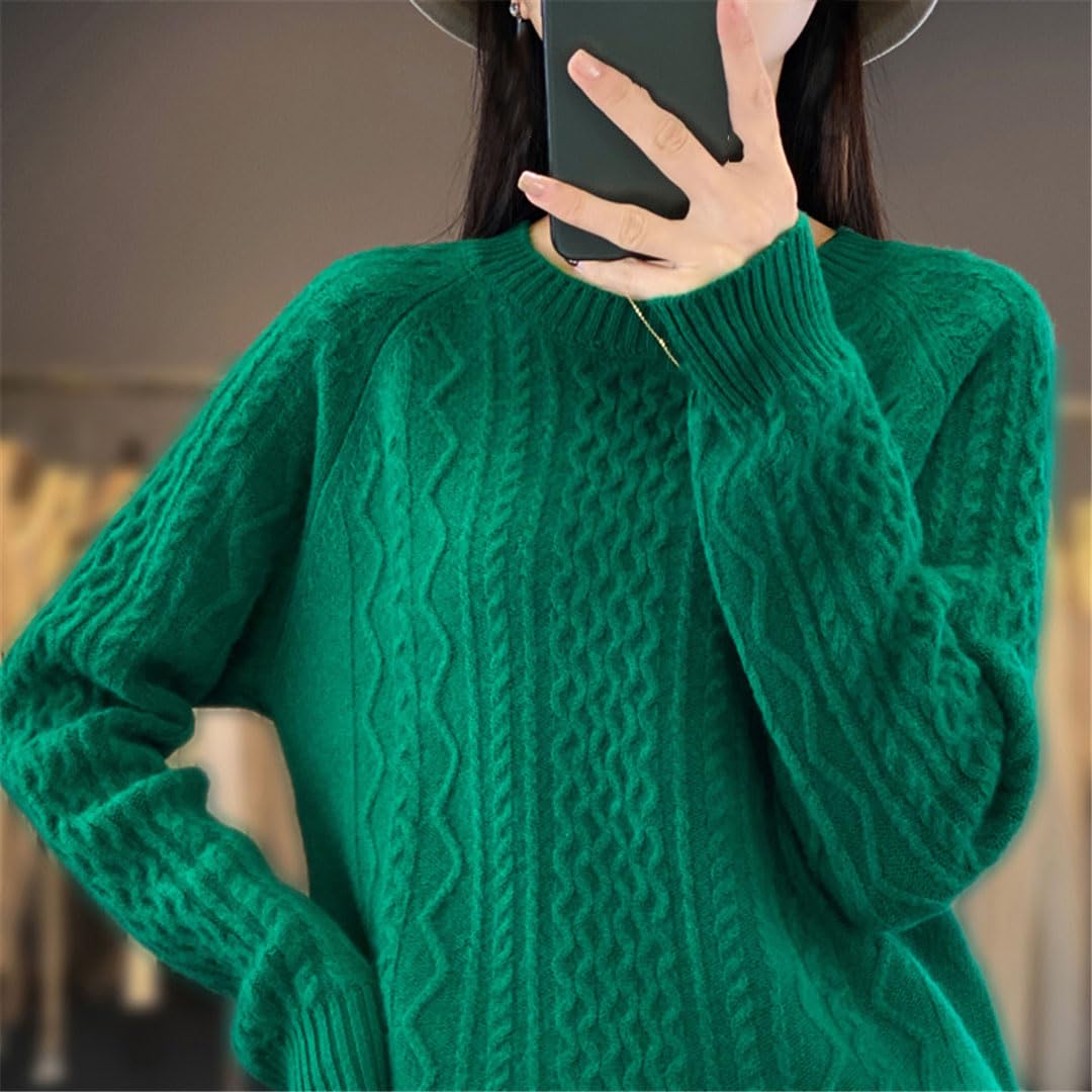 Damen Strickpullover aus Wolle, Rundhalsausschnitt, einfarbig, gedrehte Streifen